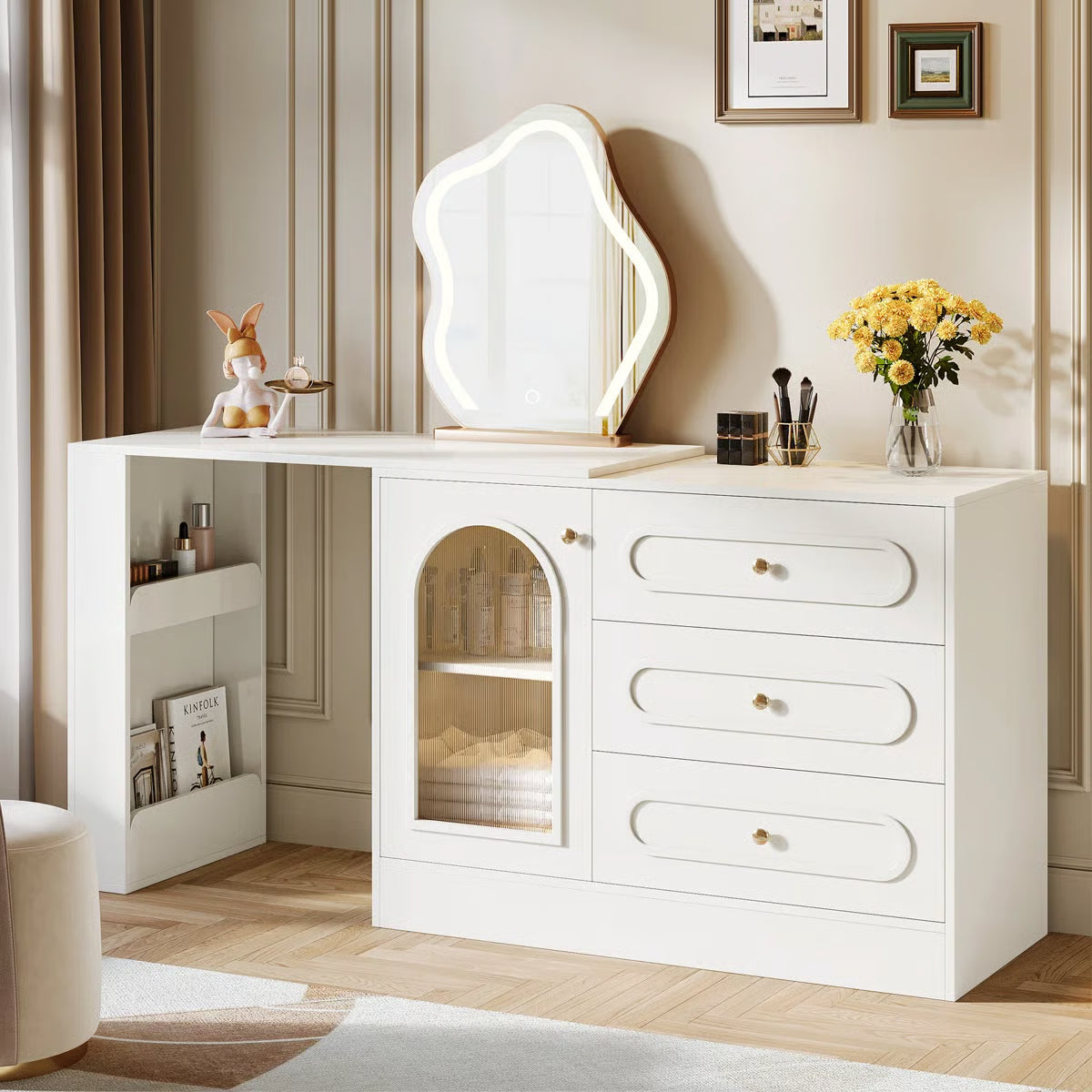 White Makeup Vanity Desk – Modern Dressing Table with Reversible Storage Drawers (Without Mirror) -OUCH CART |Dressing table 
