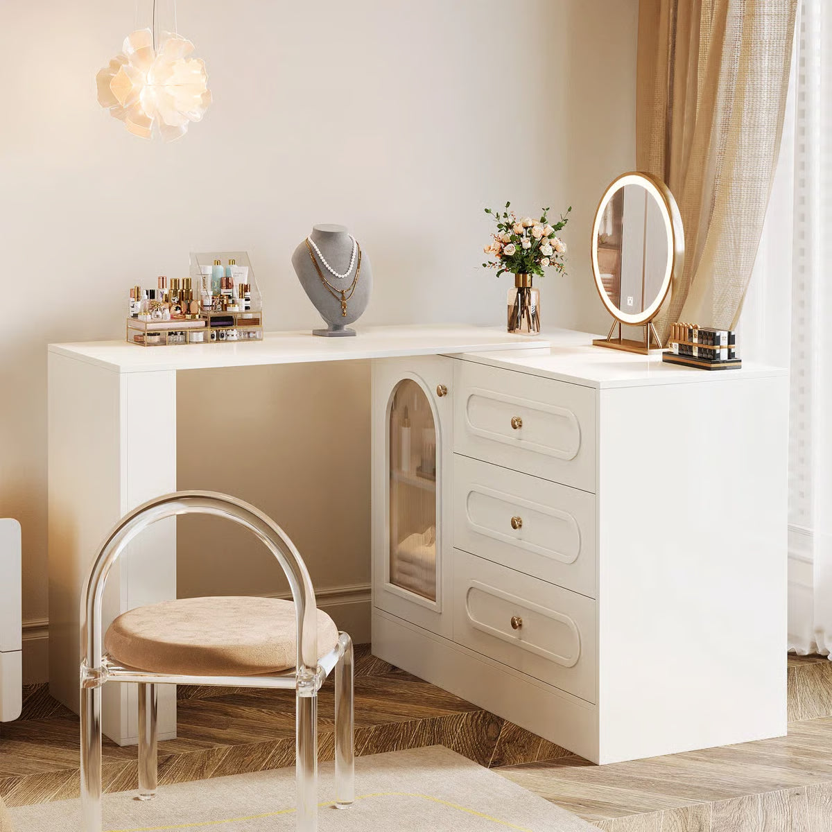 White Makeup Vanity Desk – Modern Dressing Table with Reversible Storage Drawers (Without Mirror)