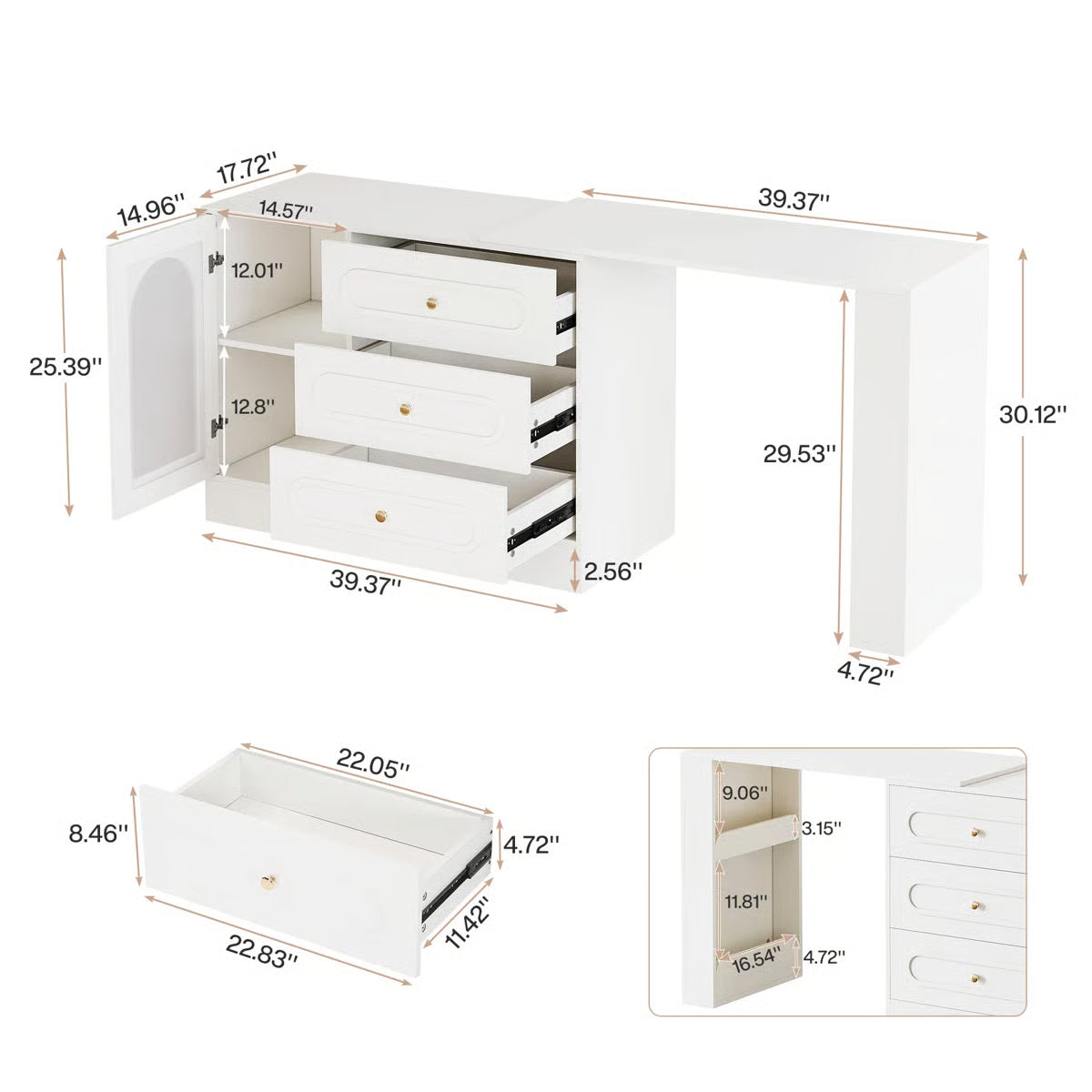 White Makeup Vanity Desk – Modern Dressing Table with Reversible Storage Drawers (Without Mirror)