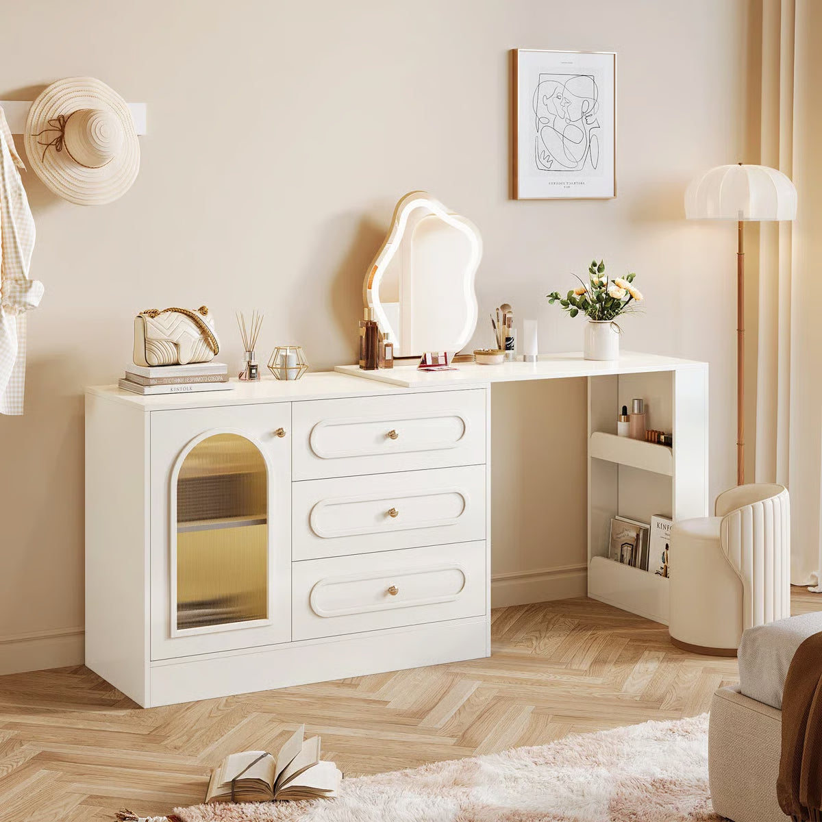 White Makeup Vanity Desk – Modern Dressing Table with Reversible Storage Drawers (Without Mirror)