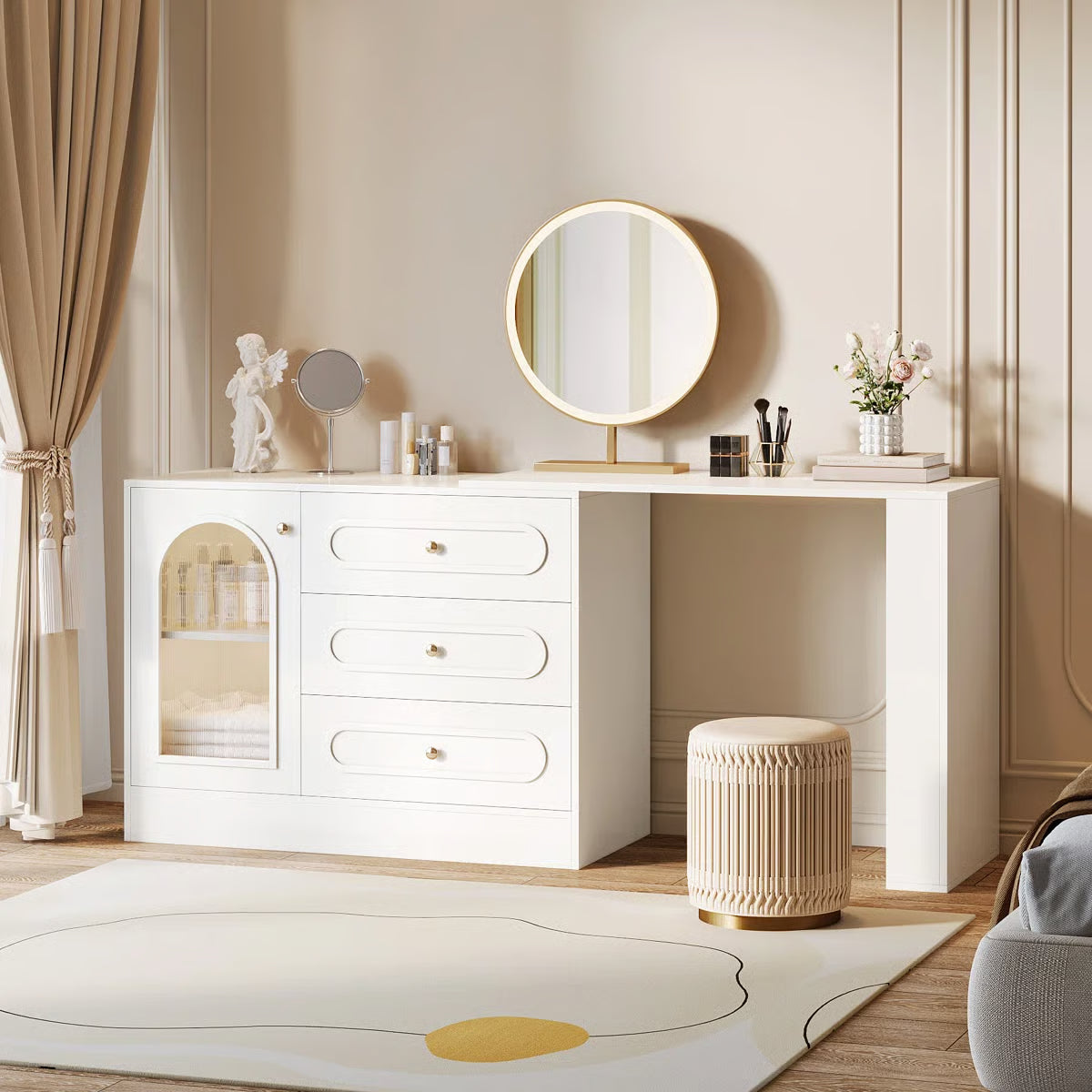 White Makeup Vanity Desk – Modern Dressing Table with Reversible Storage Drawers (Without Mirror)