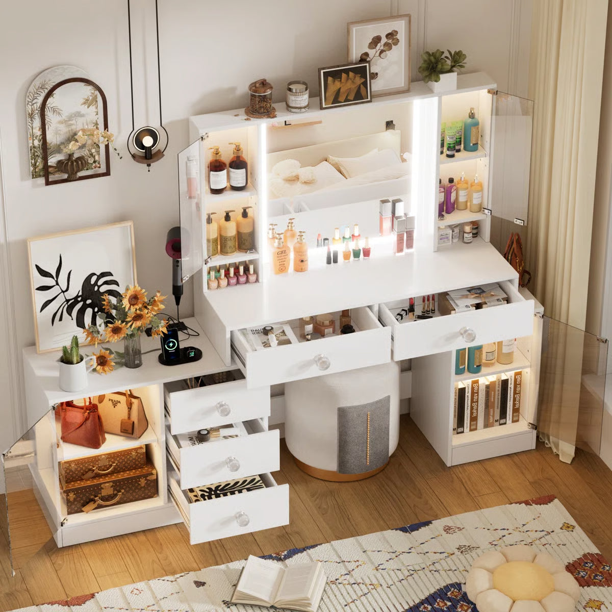 Makeup Vanity Desk with & RGB Cabinets – White 5 Drawers