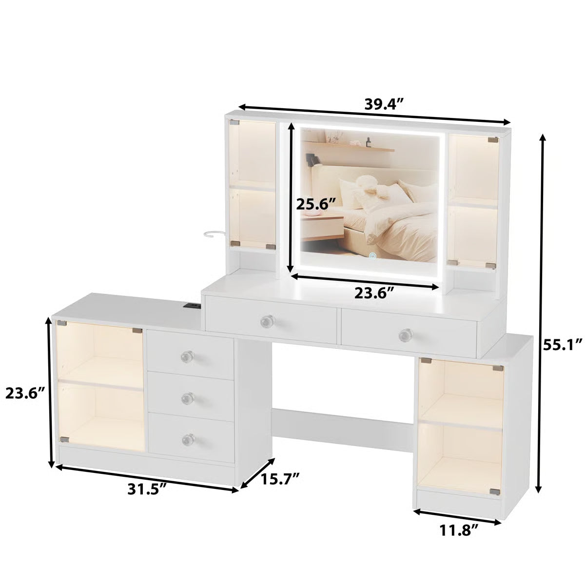 Makeup Vanity Desk with & RGB Cabinets – White 5 Drawers