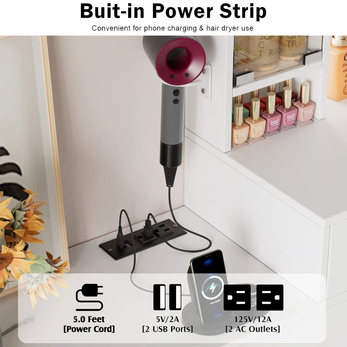 Makeup Vanity Desk with & RGB Cabinets – White 5 Drawers