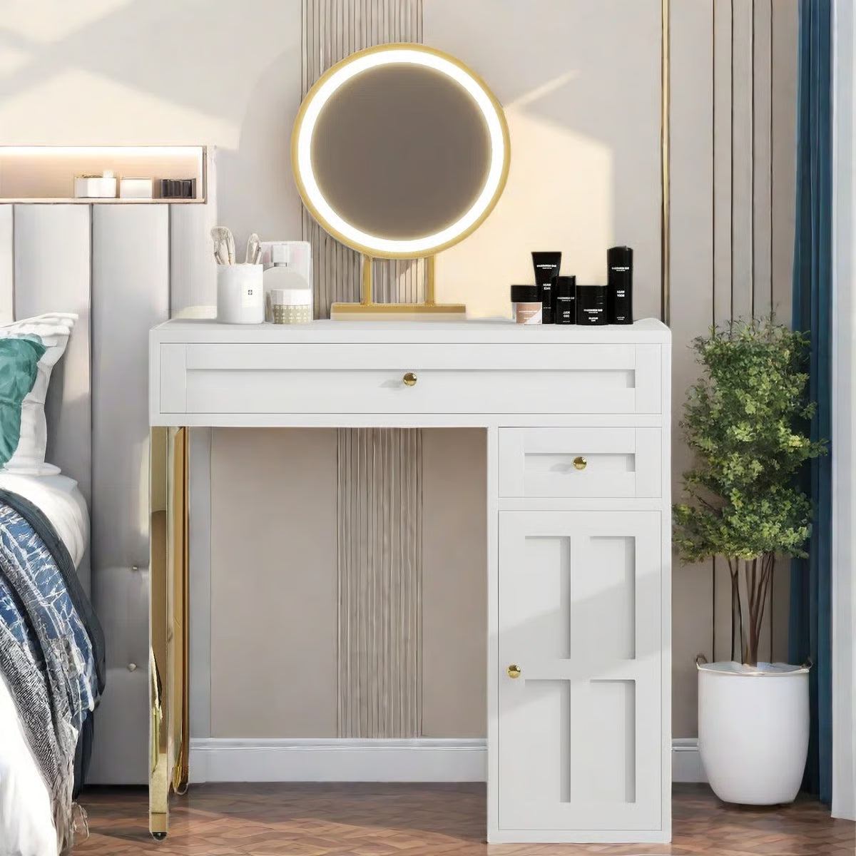 Makeup Vanity Desk with LED Lighted Mirror – 2 Drawers, 1 Cabinet & Gold Legs -OUCH CART |Dressing table