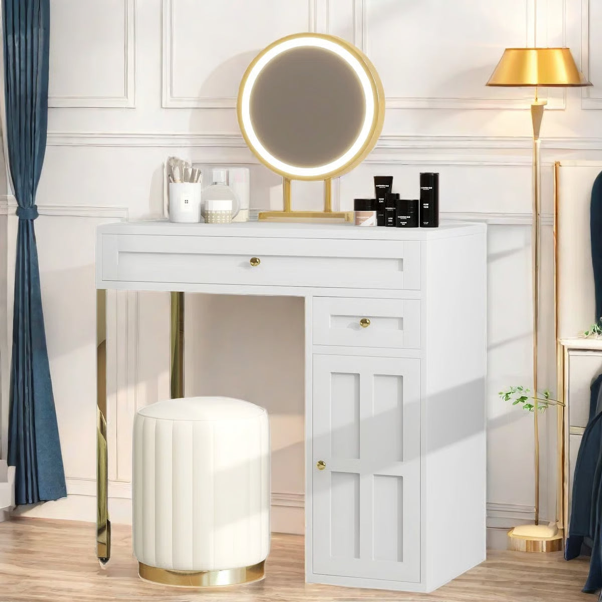 Makeup Vanity Desk with – 2 Drawers, 1 Cabinet & Gold Legs
