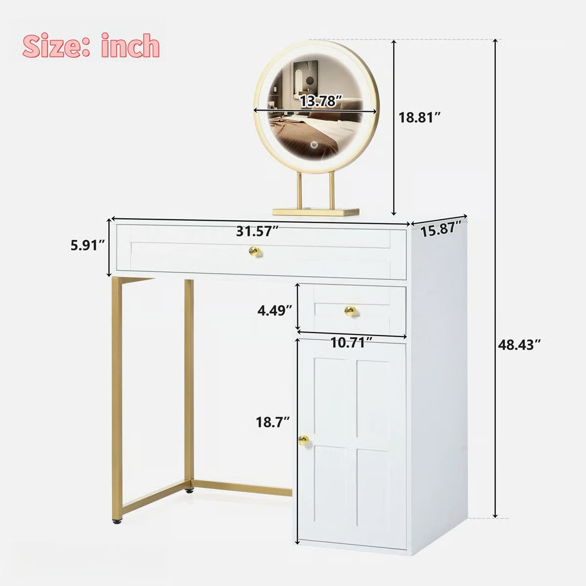 Makeup Vanity Desk with – 2 Drawers, 1 Cabinet & Gold Legs