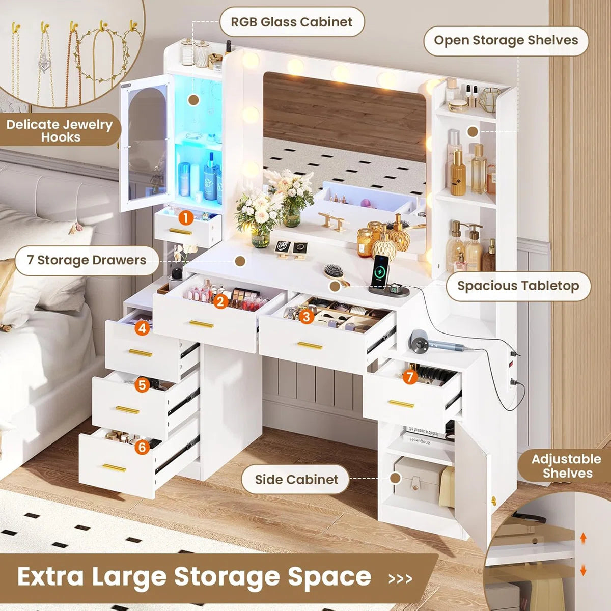 White 49.8" Makeup Vanity Desk with Lighted Mirror, RGB Cabinet, 7 Drawers, Storage Shelves, Side Cabinet, and Adjustable LED Lights- OUCH CART | Dressing table 