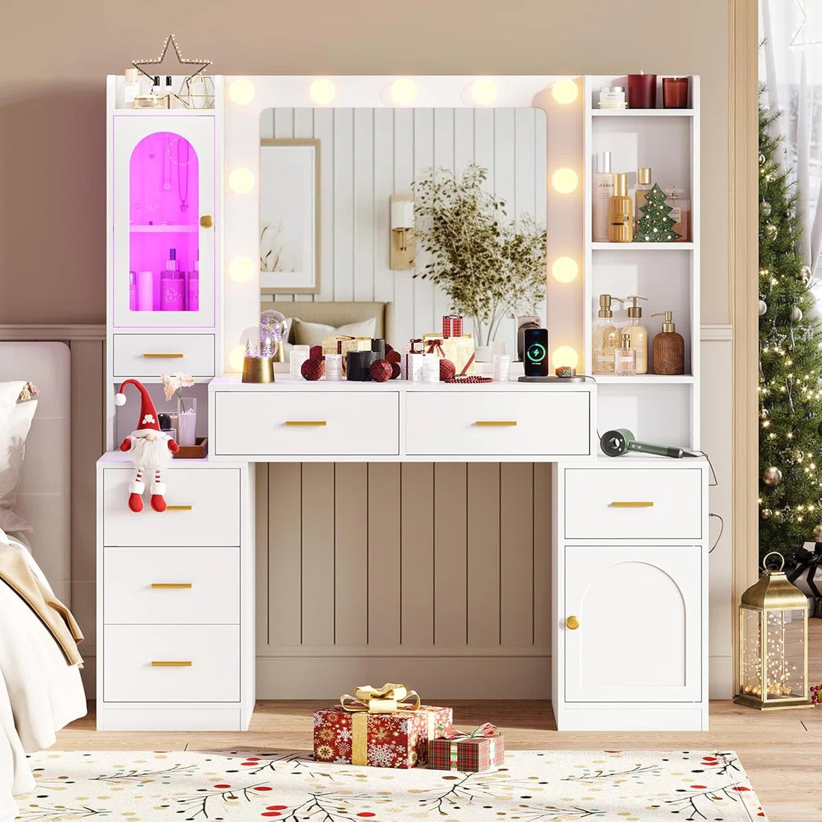White 49.8" Makeup Vanity Desk with Lighted Mirror, RGB Cabinet, 7 Drawers, Storage Shelves, Side Cabinet, and Adjustable LED Lights