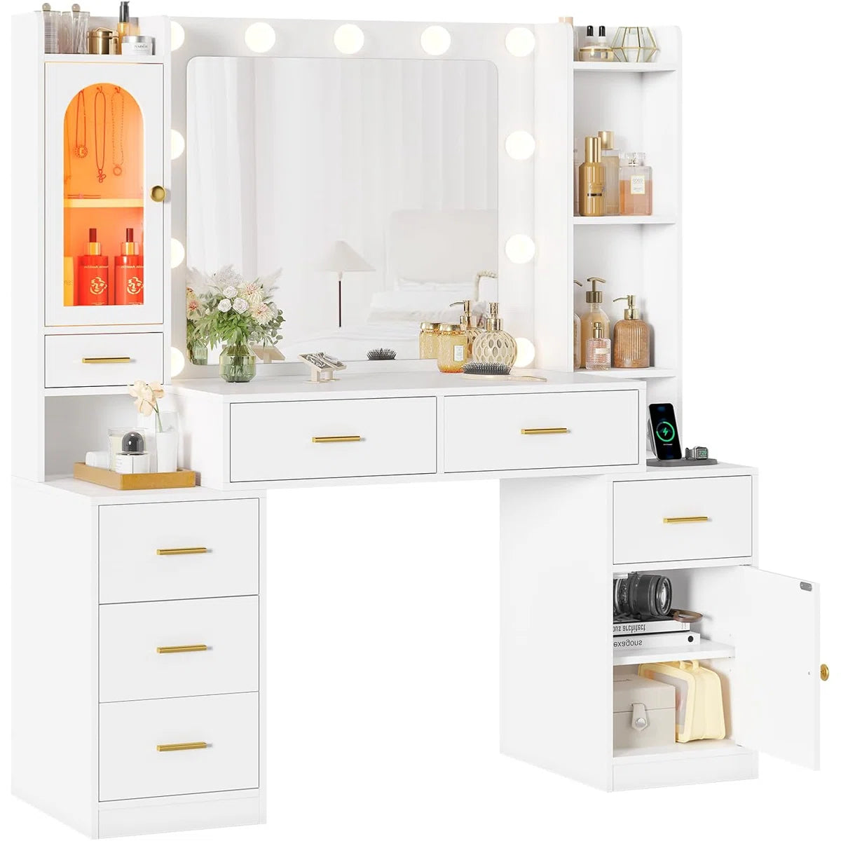 White 49.8" Makeup Vanity Desk with Lighted Mirror, RGB Cabinet, 7 Drawers, Storage Shelves, Side Cabinet, and Adjustable LED Lights