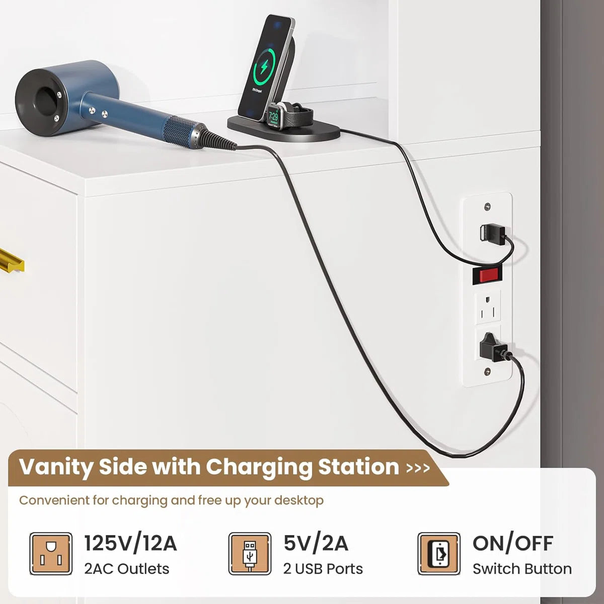 White 49.8" Makeup Vanity Desk with Lighted Mirror, RGB Cabinet, 7 Drawers, Storage Shelves, Side Cabinet, and Adjustable LED Lights