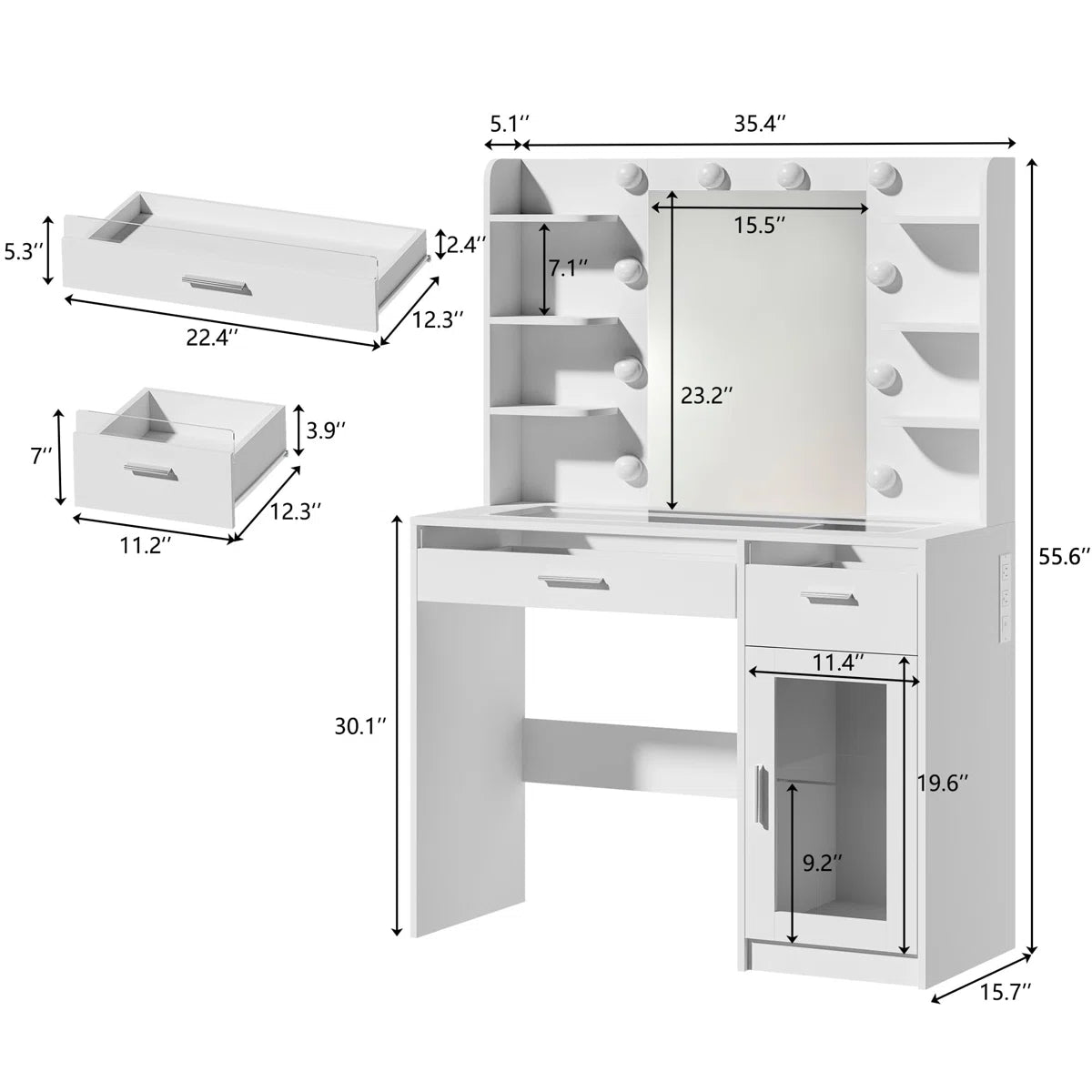 LED Lighted Makeup Vanity Desk with Transparent Desktop and Built-In Power Outlet