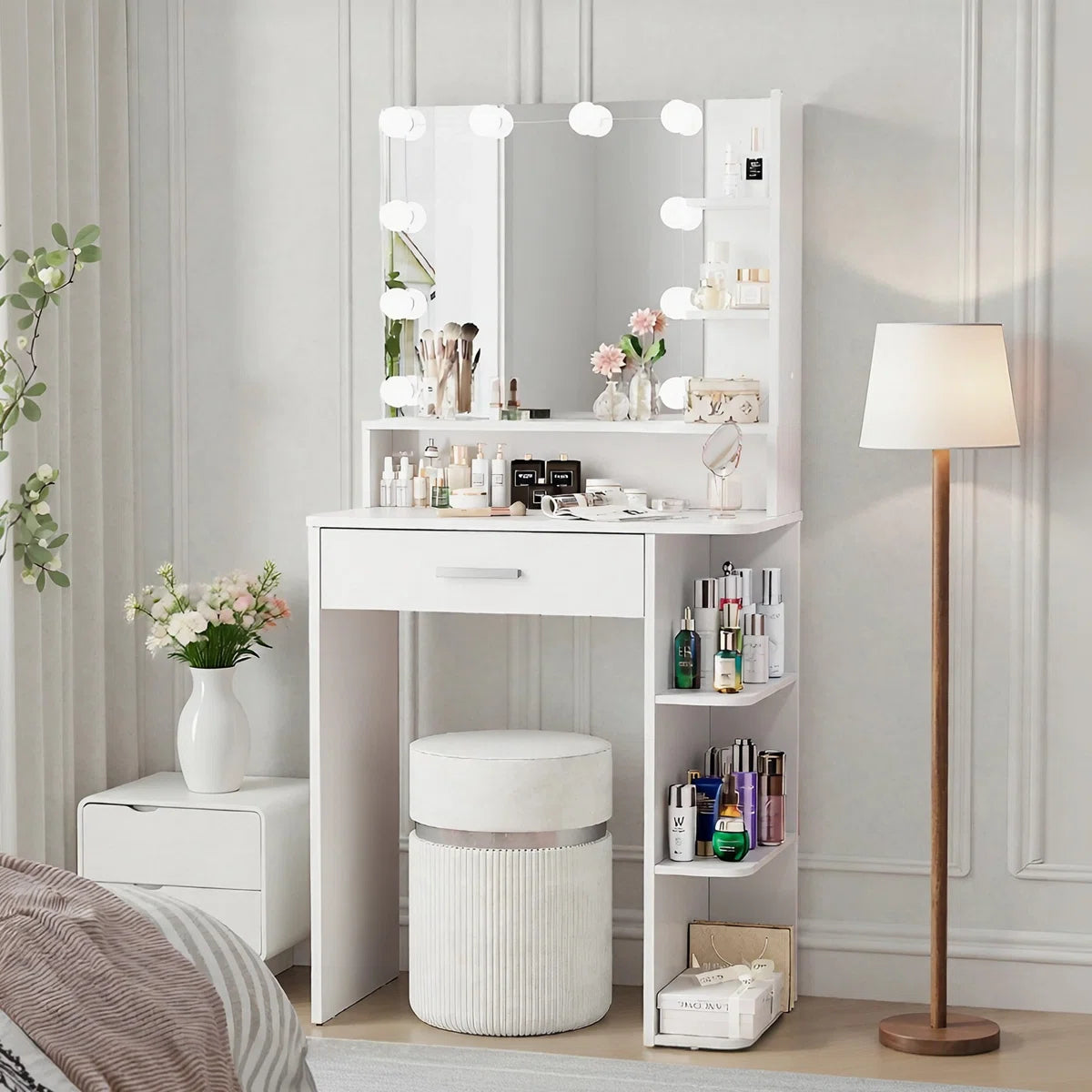 Modern White Makeup Vanity with LED Mirror and Multiple Storage Compartments