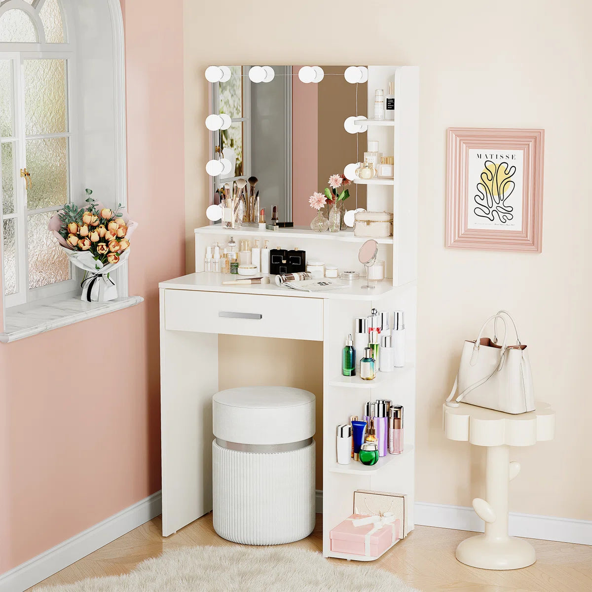 Modern White Makeup Vanity with LED Mirror and Multiple Storage Compartments