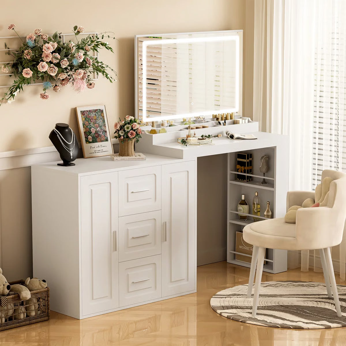 Dressing Table with Mirror & Lights – Makeup Vanity Desk with 3 Drawers & 2 Cabinet-OUCH CART |Dressing table