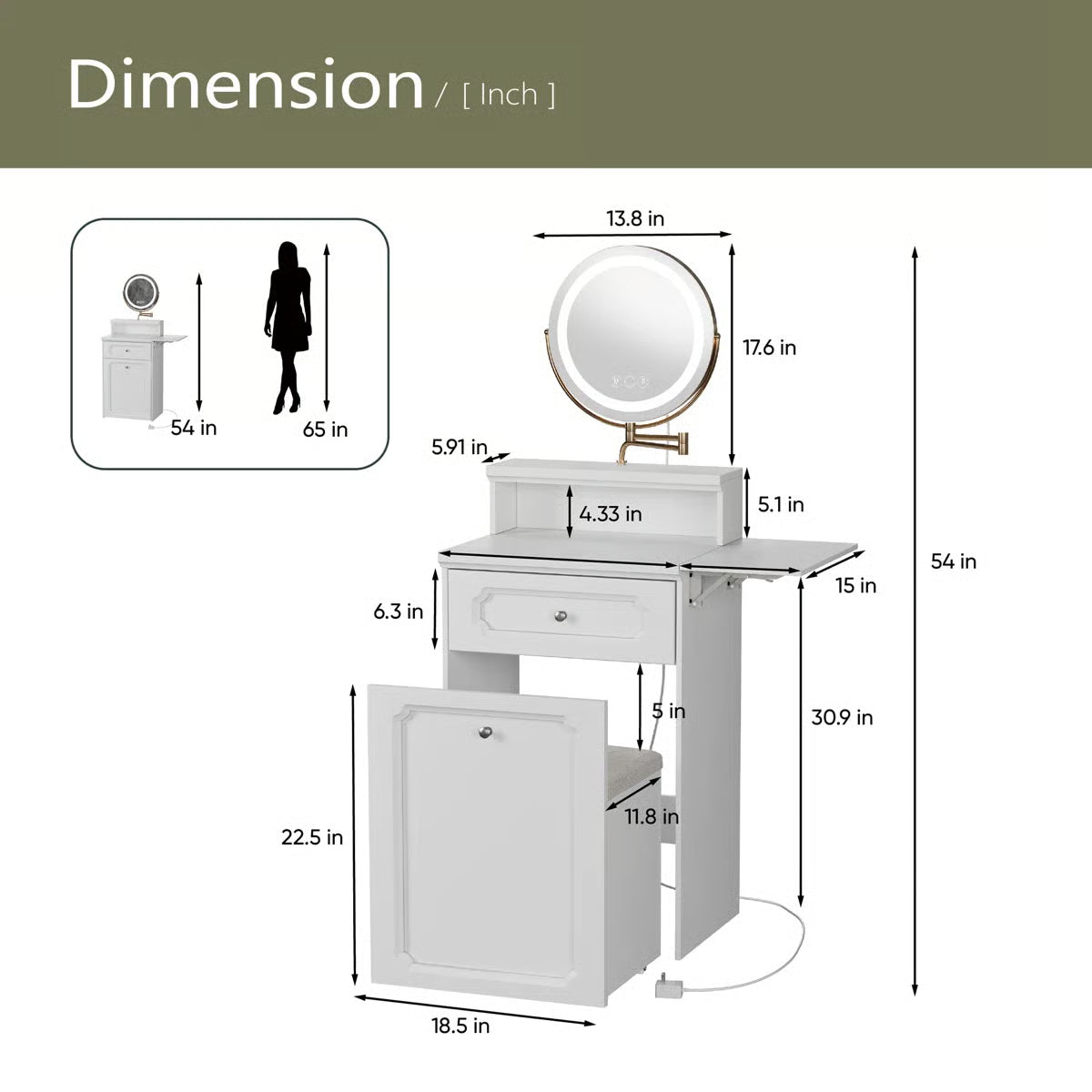 2-in-1 Bedroom Vanity Desk – Makeup Table with Round Mirror, LED Lights & Chair