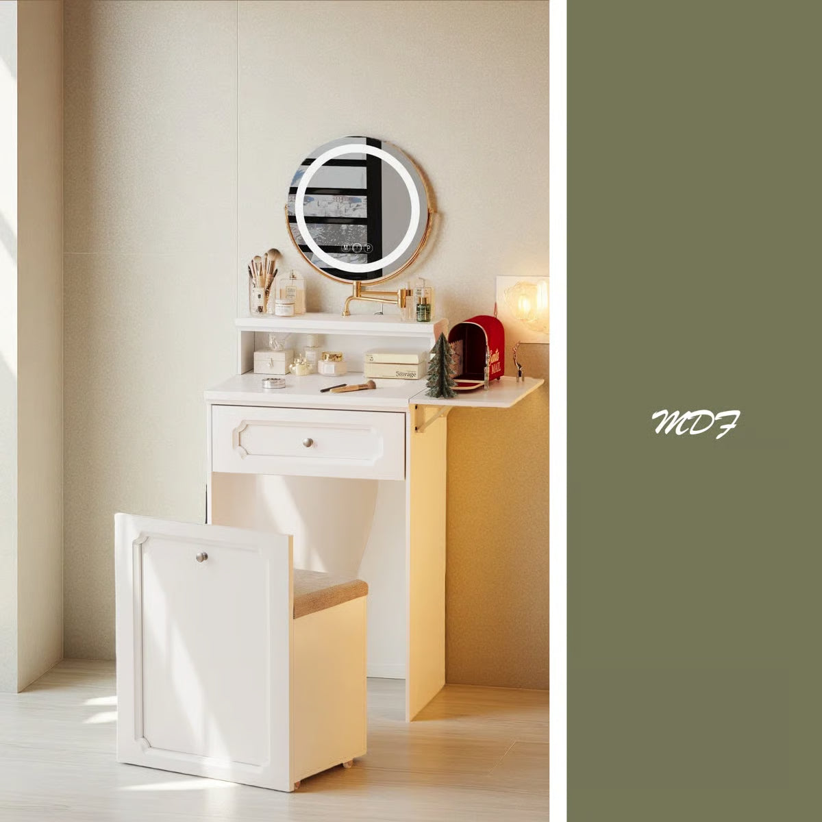 2-in-1 Bedroom Vanity Desk – Makeup Table with Round Mirror, LED Lights & Chair