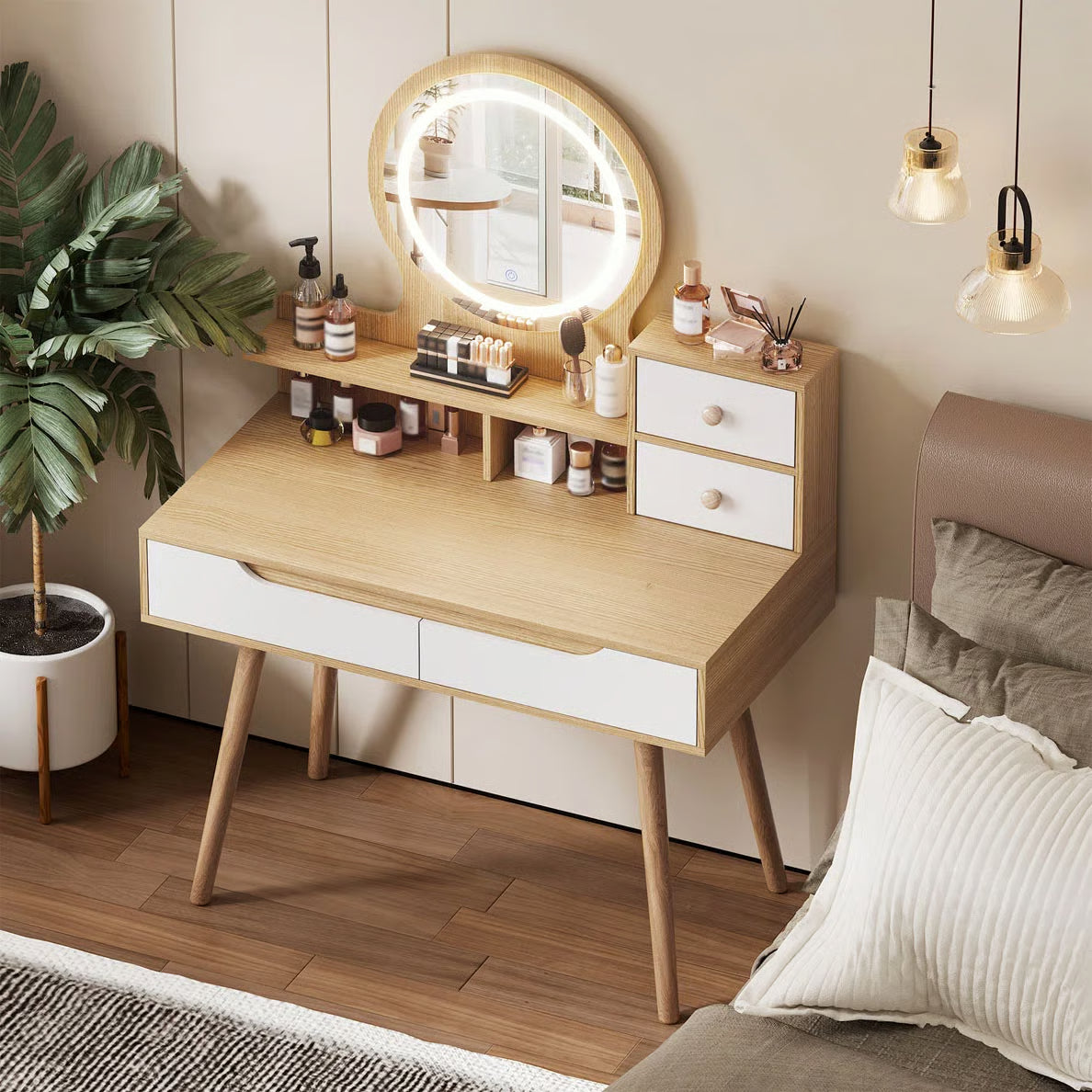 LED Lighted Makeup Vanity Desk – 3 Adjustable Mirrors, 4 Drawers & 3 Shelves-OUCH CART |Dressing table

