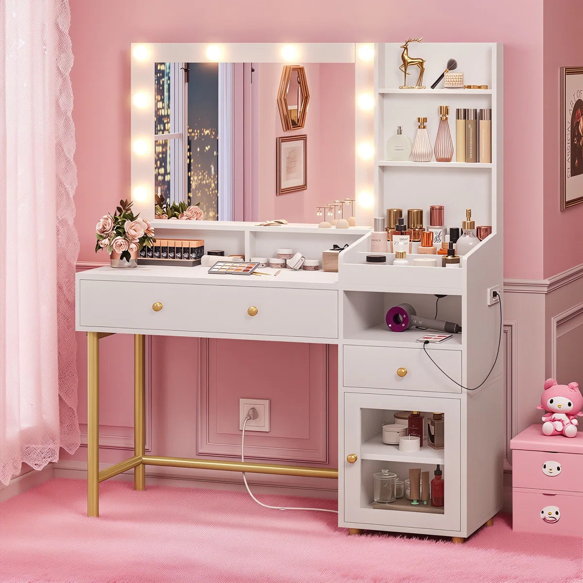 White Lighted Makeup Vanity Desk with 3 Adjustable Light Modes- OUCH CART | Dressing table 