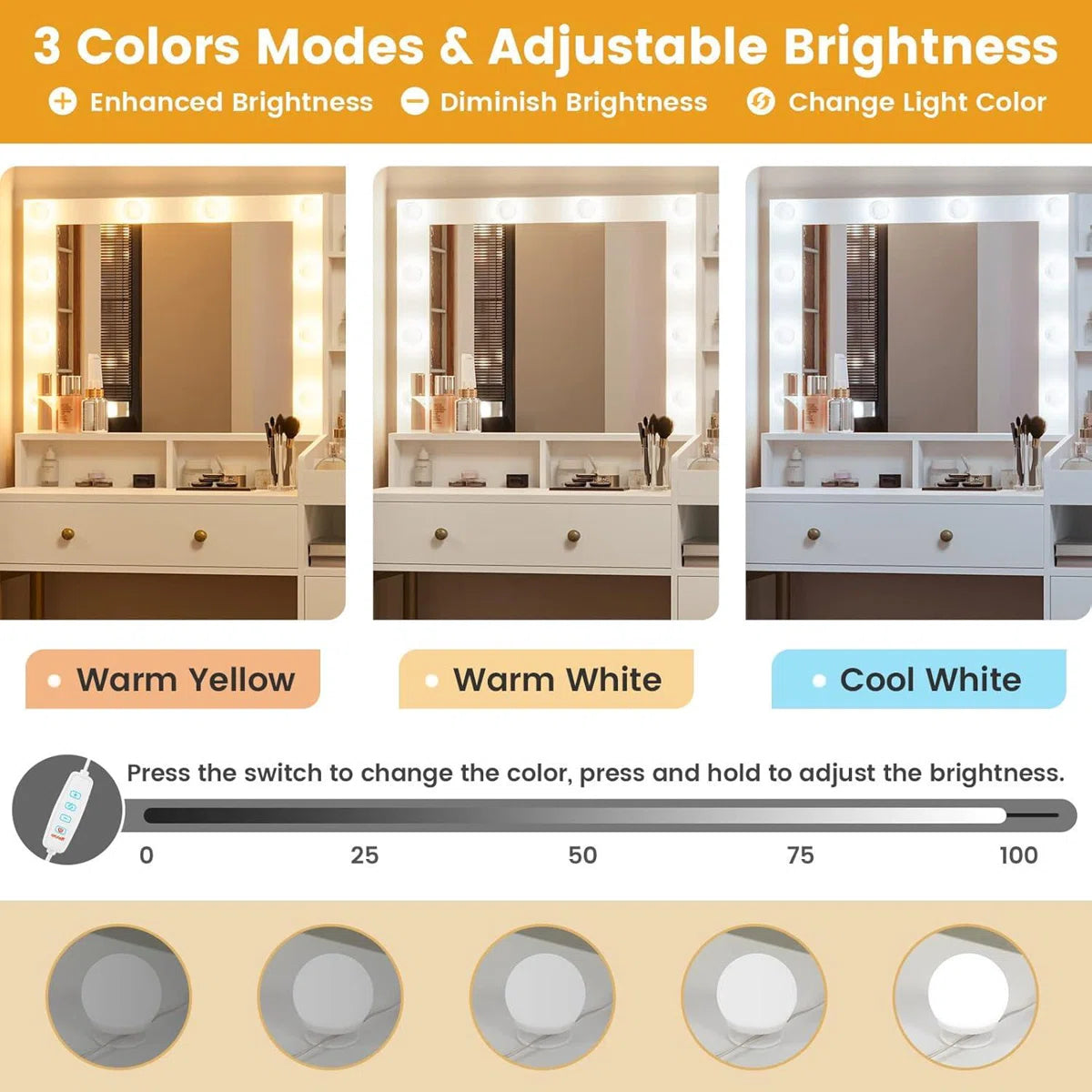 White Lighted Makeup Vanity Desk with 3 Adjustable Light Modes