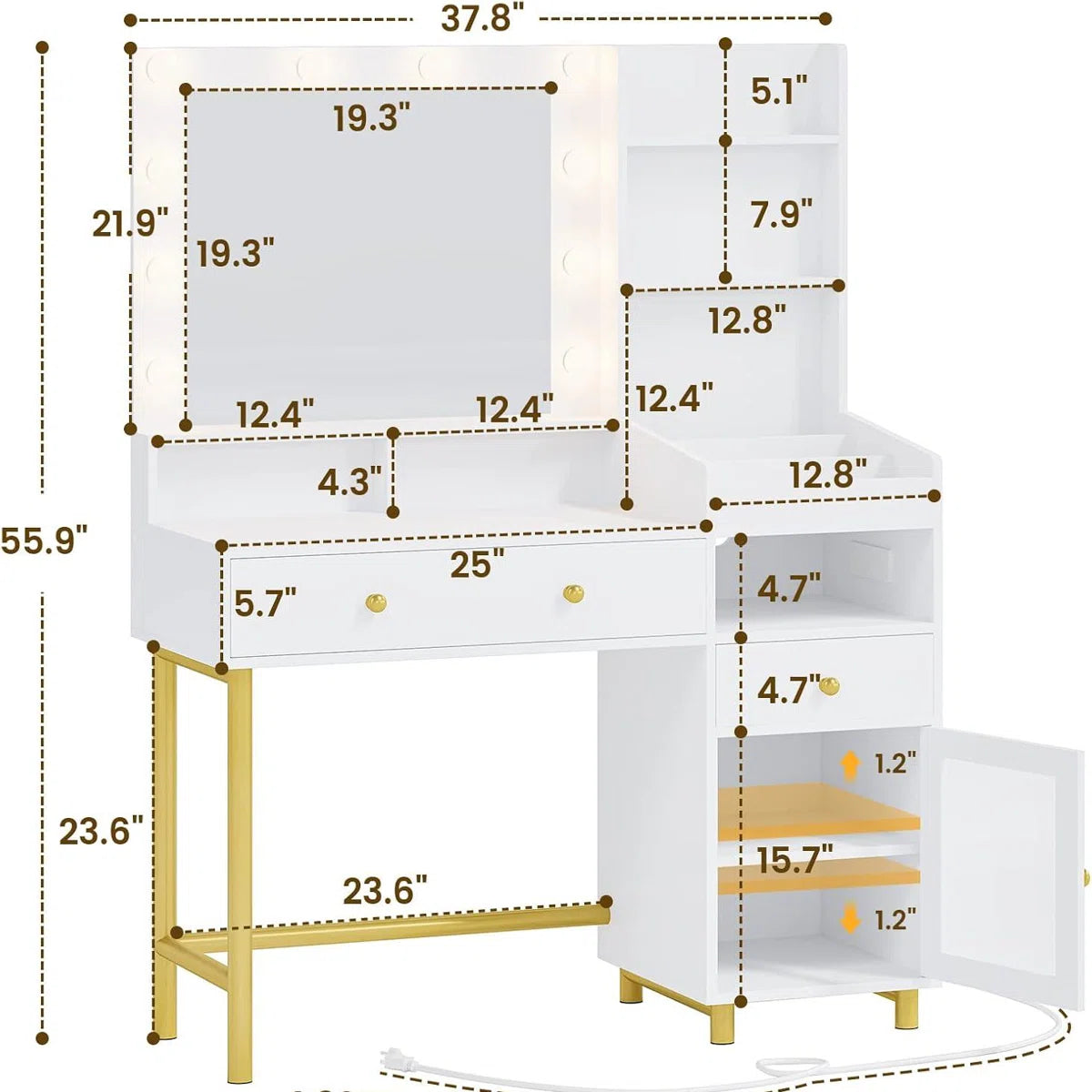 White Lighted Makeup Vanity Desk with 3 Adjustable Light Modes