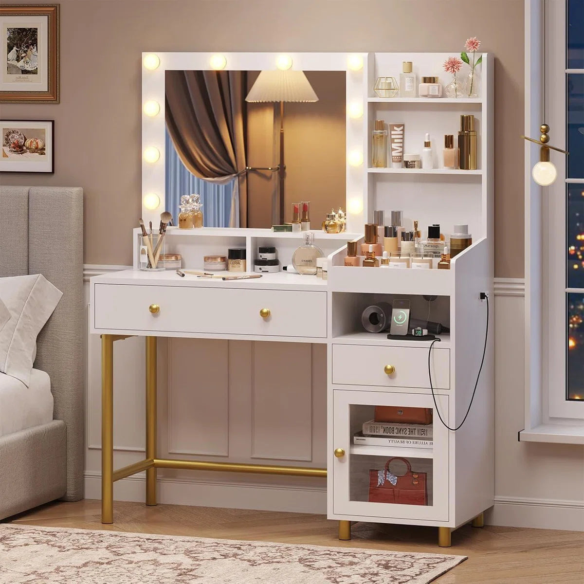 White Lighted Makeup Vanity Desk with 3 Adjustable Light Modes