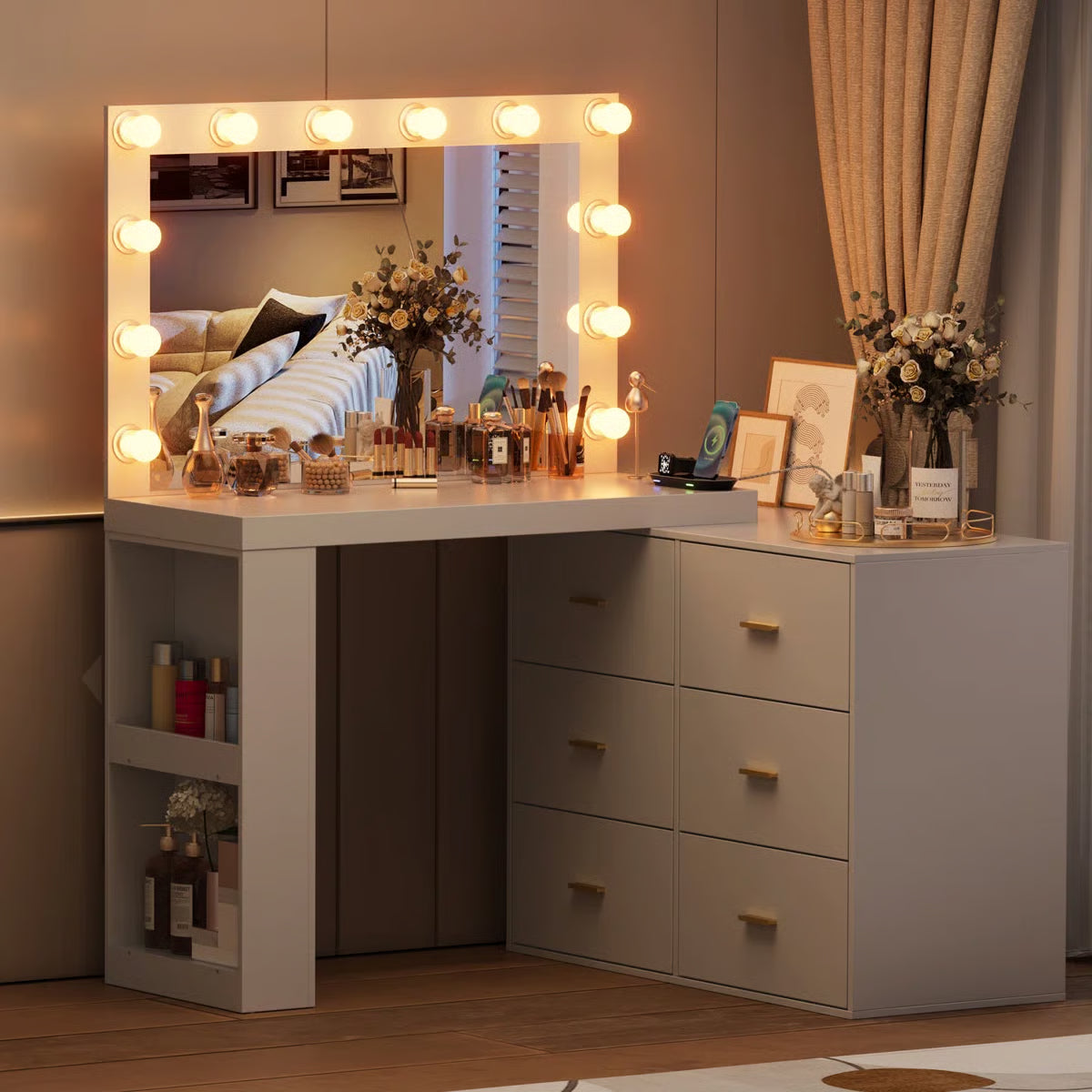 Makeup Vanity Desk with 6 Drawers & Built-In Charging Station