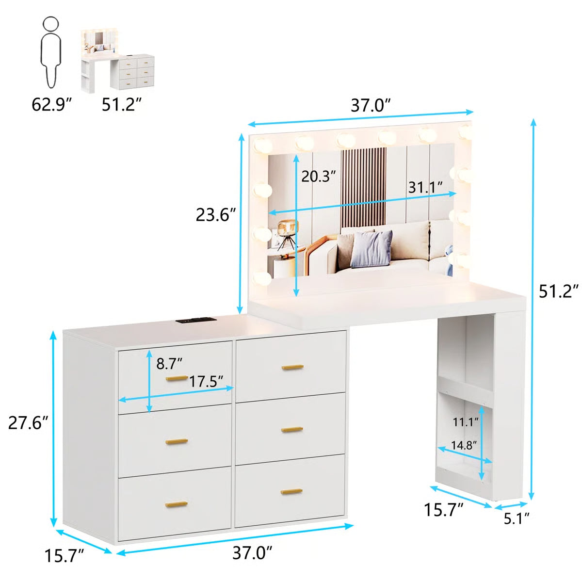 Makeup Vanity Desk with 6 Drawers & Built-In Charging Station