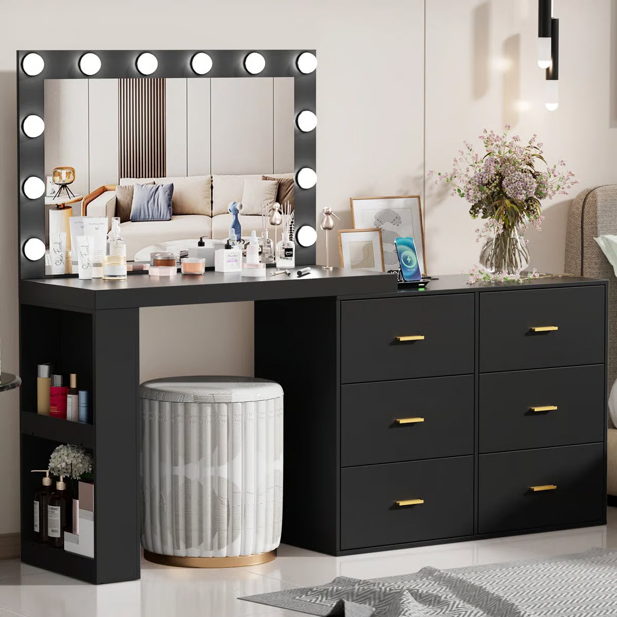 Makeup Vanity Desk with 6 Drawers & Built-In Charging Station