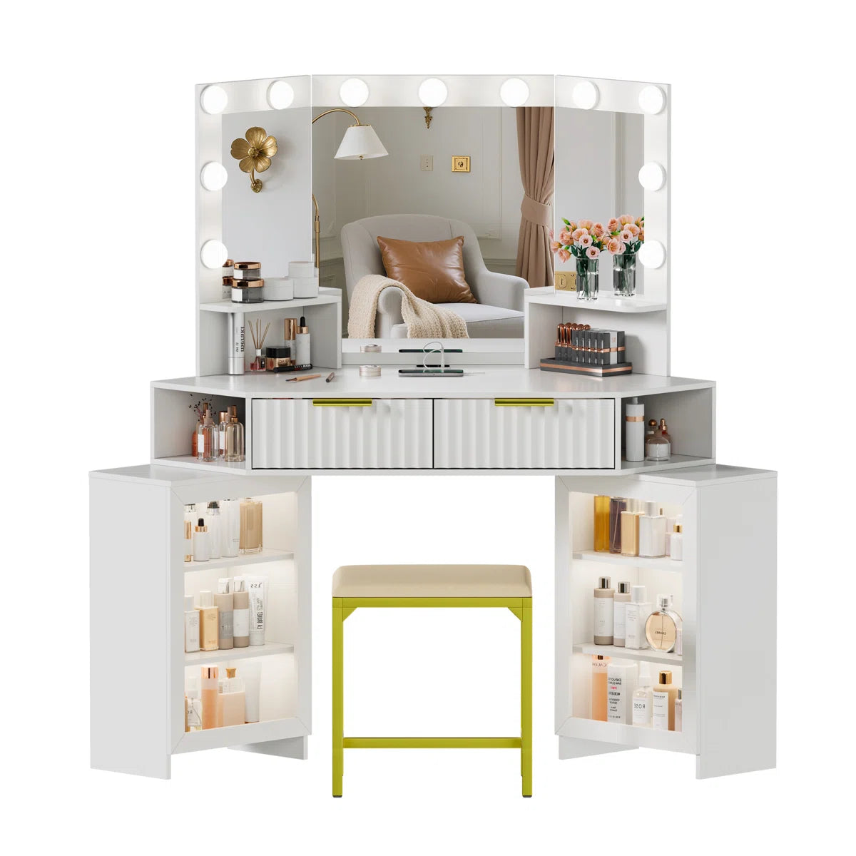 Makeup Vanity with Motion-Activated LED Mirror and Sensor Module