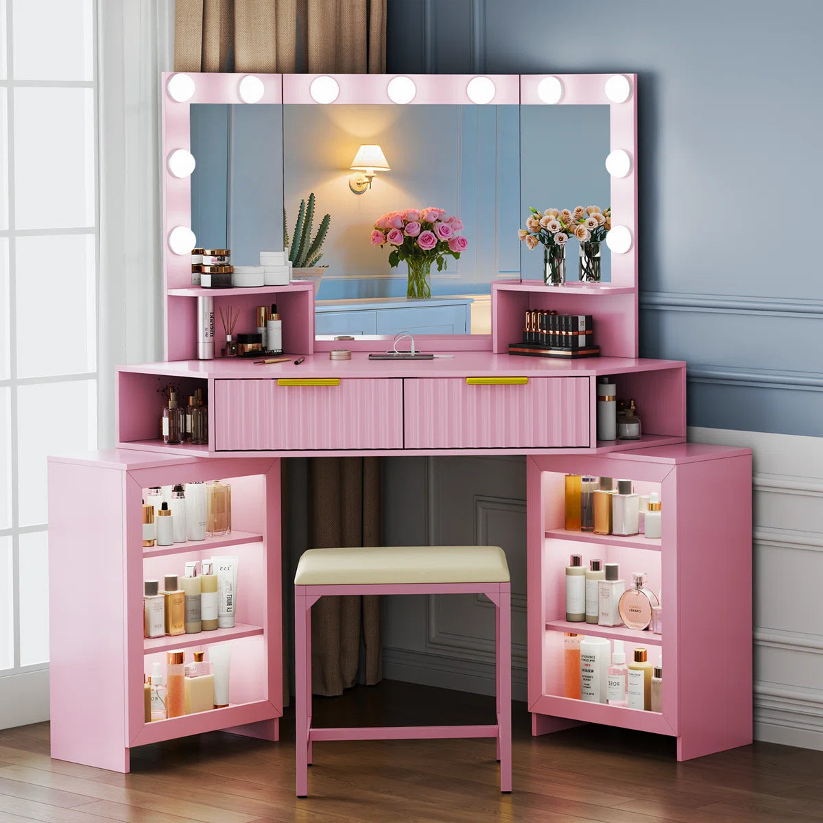 Makeup Vanity with Motion-Activated LED Mirror and Sensor Module
