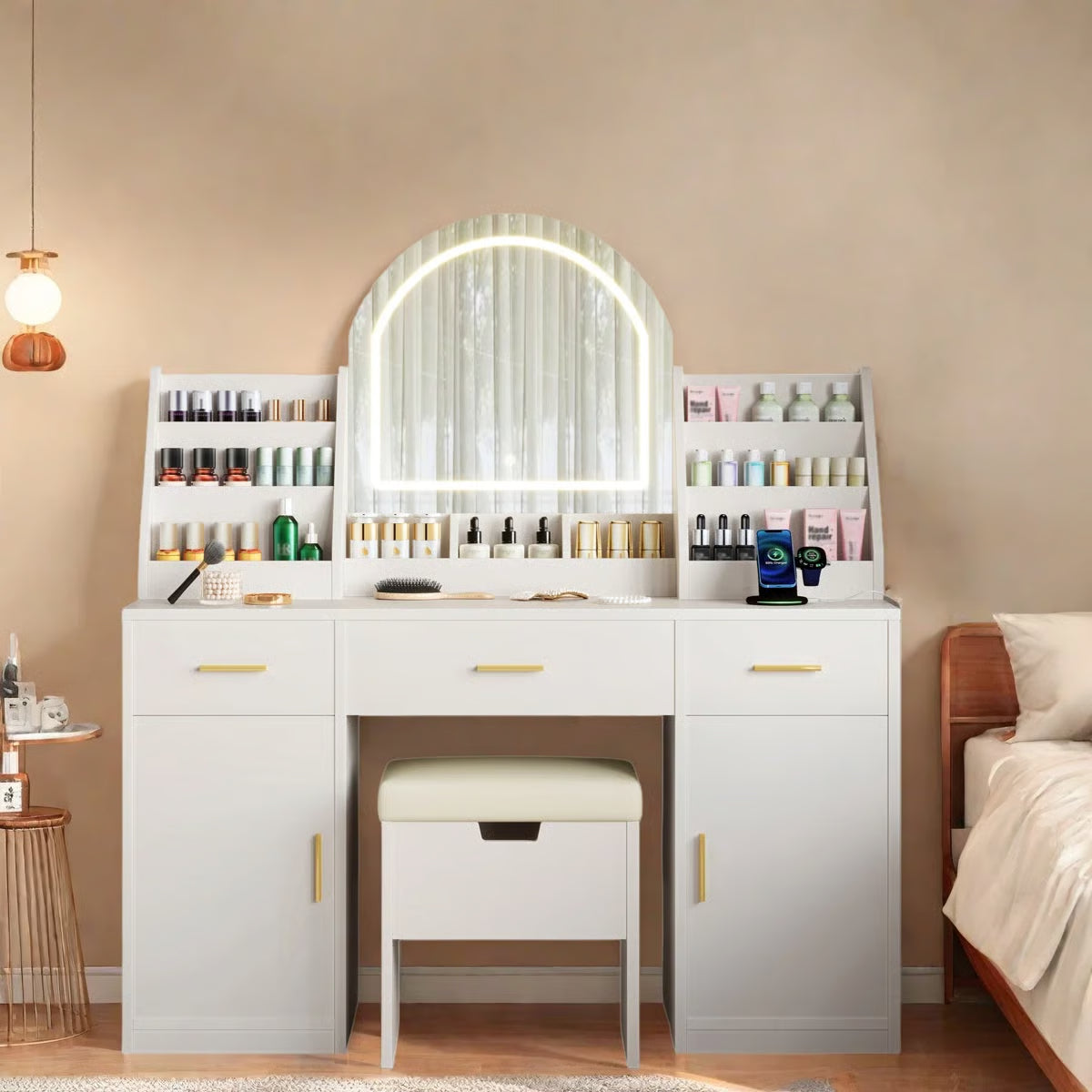 Makeup Vanity Desk with LED Mirror – 2 Organizers, 3 Drawers, 2 Cabinets & Cushioned Stool