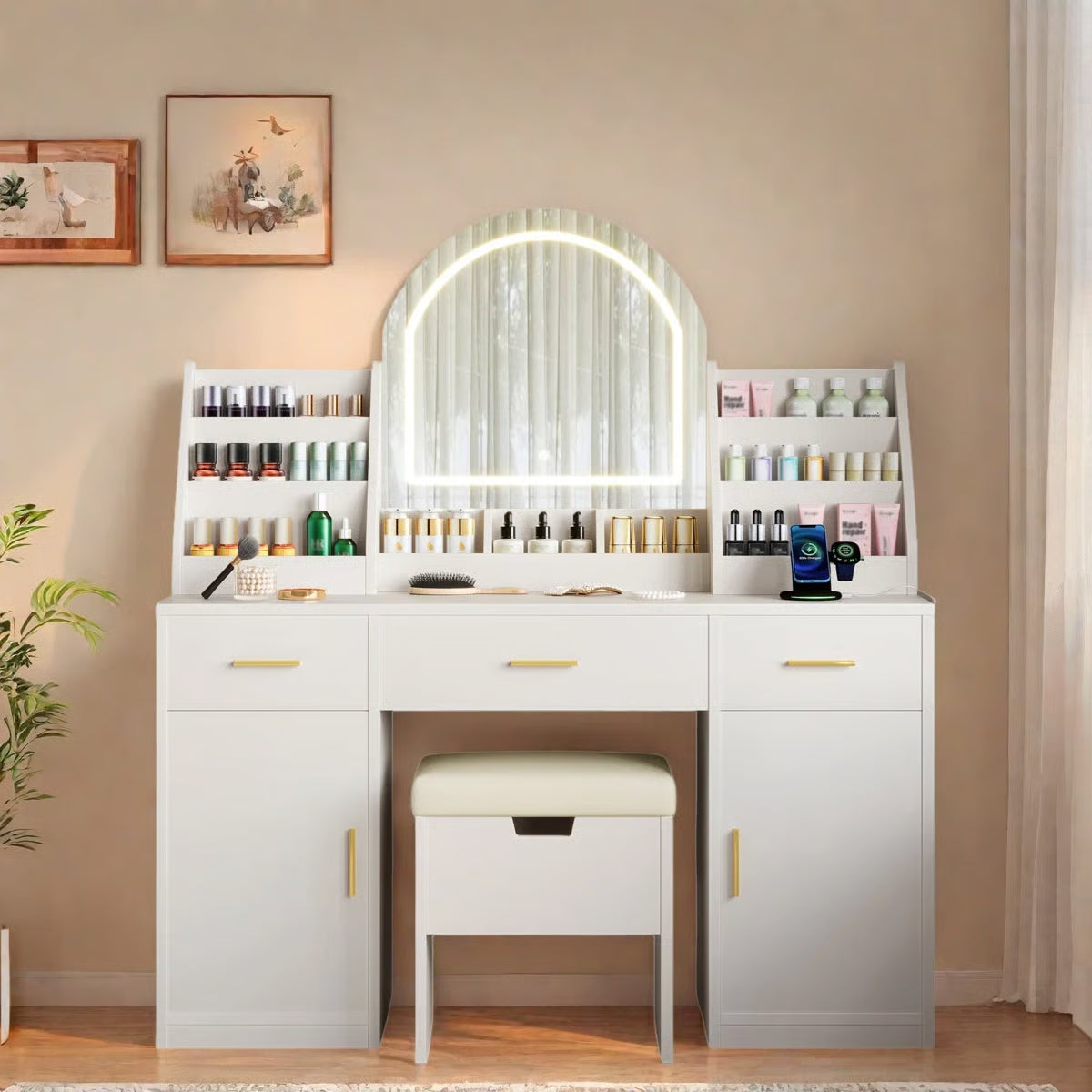 Makeup Vanity Desk with LED Mirror – 2 Organizers, 3 Drawers, 2 Cabinets & Cushioned Stool-OUCH CART | Dressing table