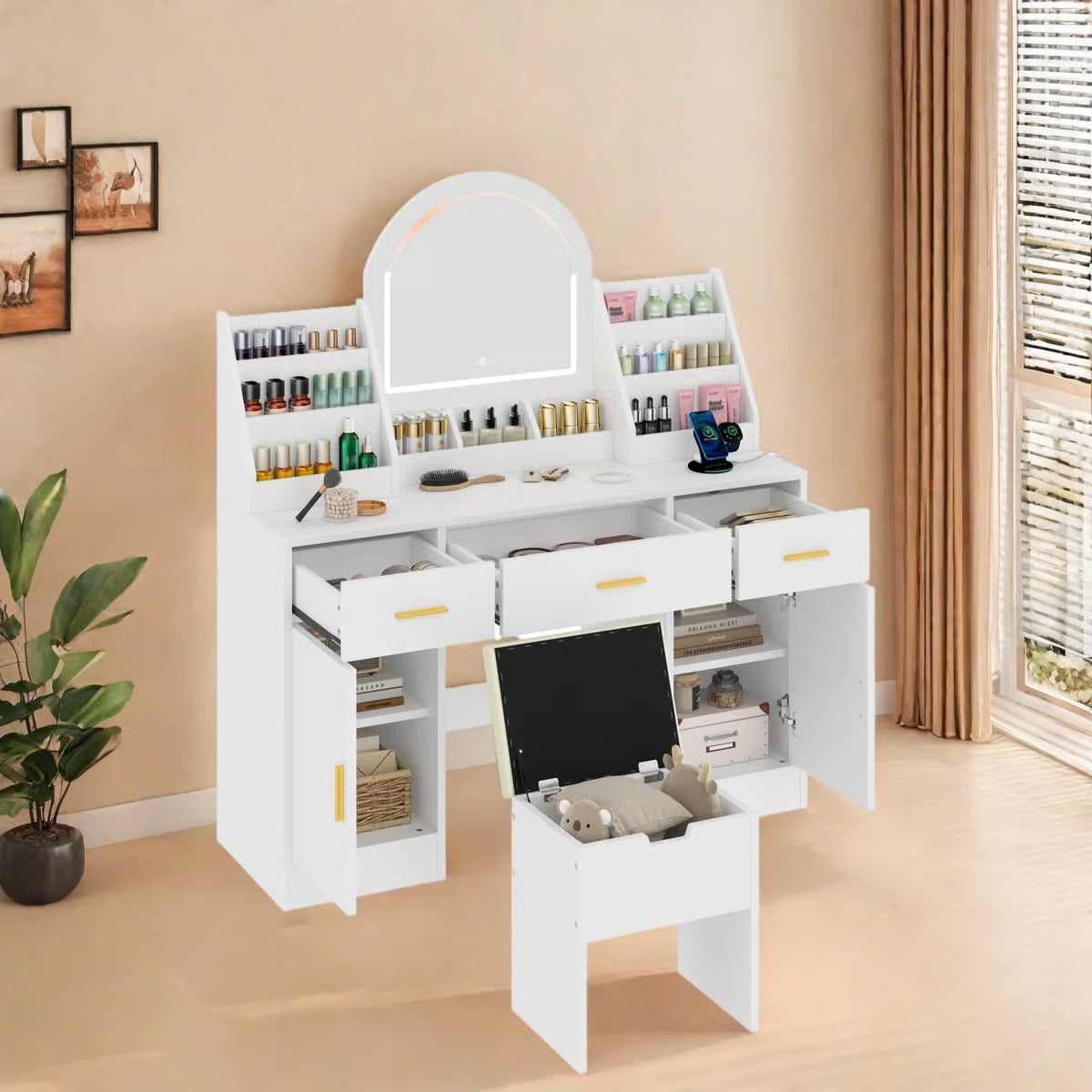 Makeup Vanity Desk with LED Mirror – 2 Organizers, 3 Drawers, 2 Cabinets & Cushioned Stool
