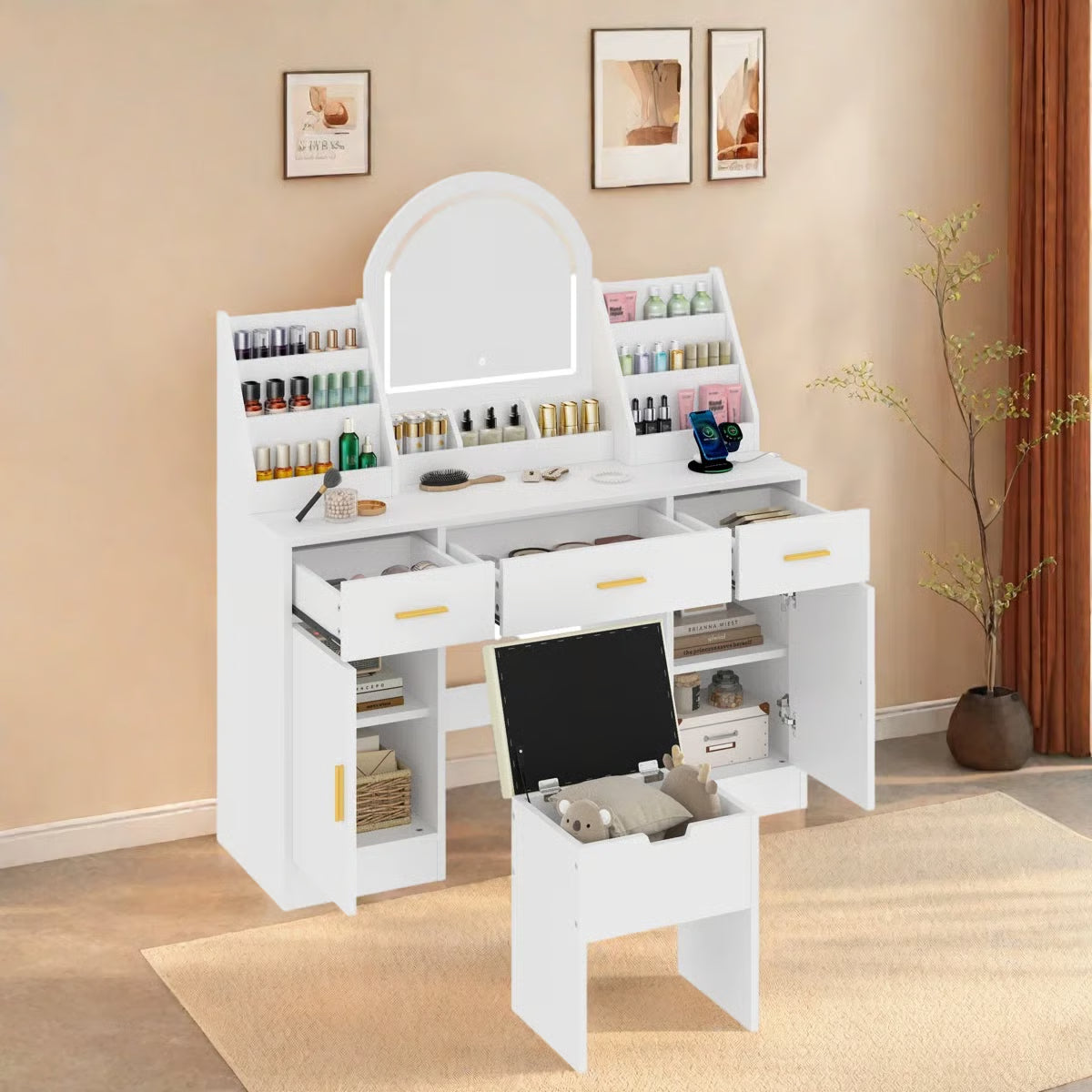 Makeup Vanity Desk with LED Mirror – 2 Organizers, 3 Drawers, 2 Cabinets & Cushioned Stool