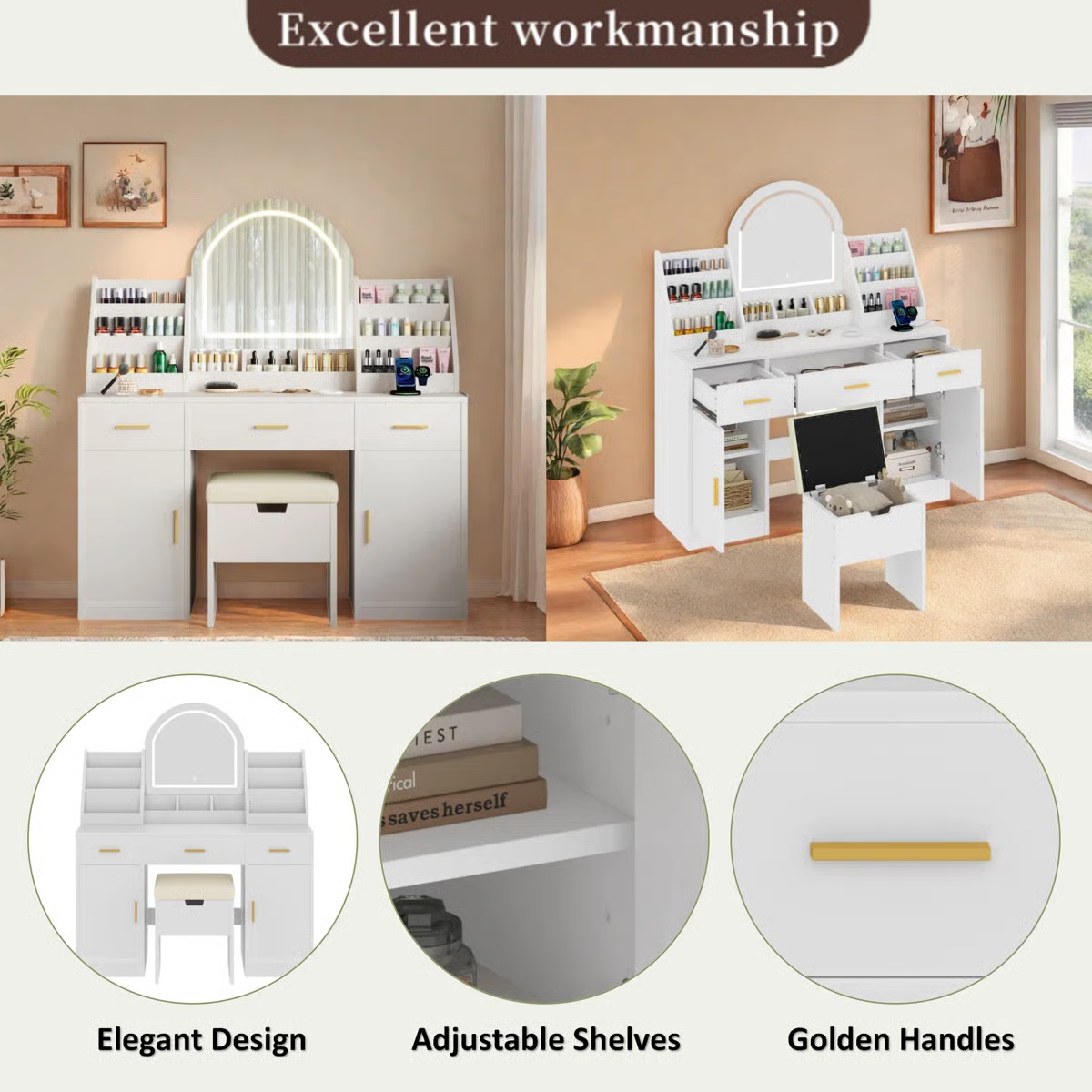Makeup Vanity Desk with LED Mirror – 2 Organizers, 3 Drawers, 2 Cabinets & Cushioned Stool
