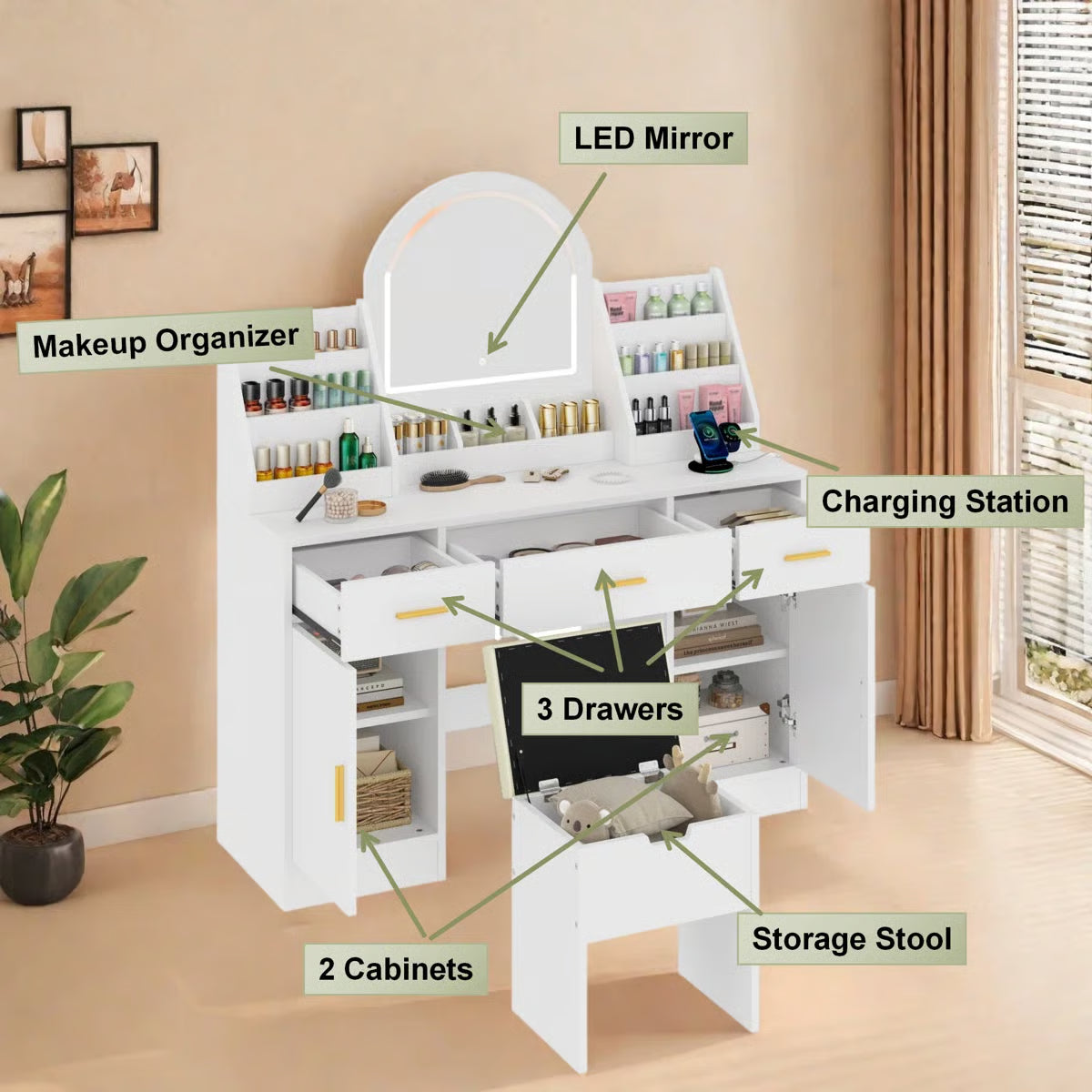 Makeup Vanity Desk with LED Mirror – 2 Organizers, 3 Drawers, 2 Cabinets & Cushioned Stool-OUCH CART | Dressing table