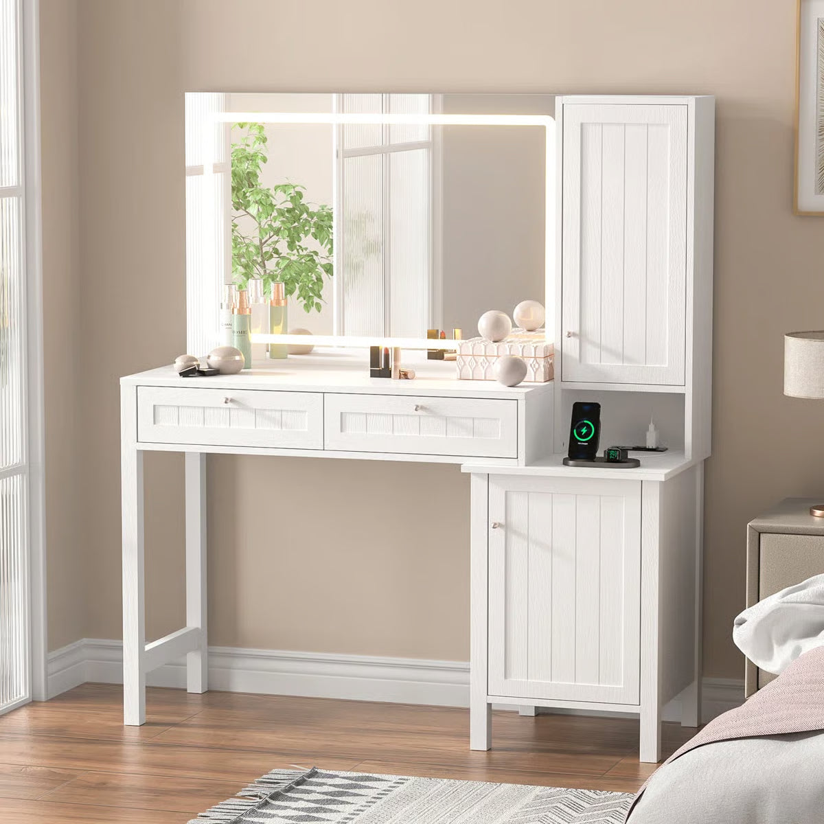 Makeup Vanity with LED Lights, Built-in Power Outlets & USB for Bedroom