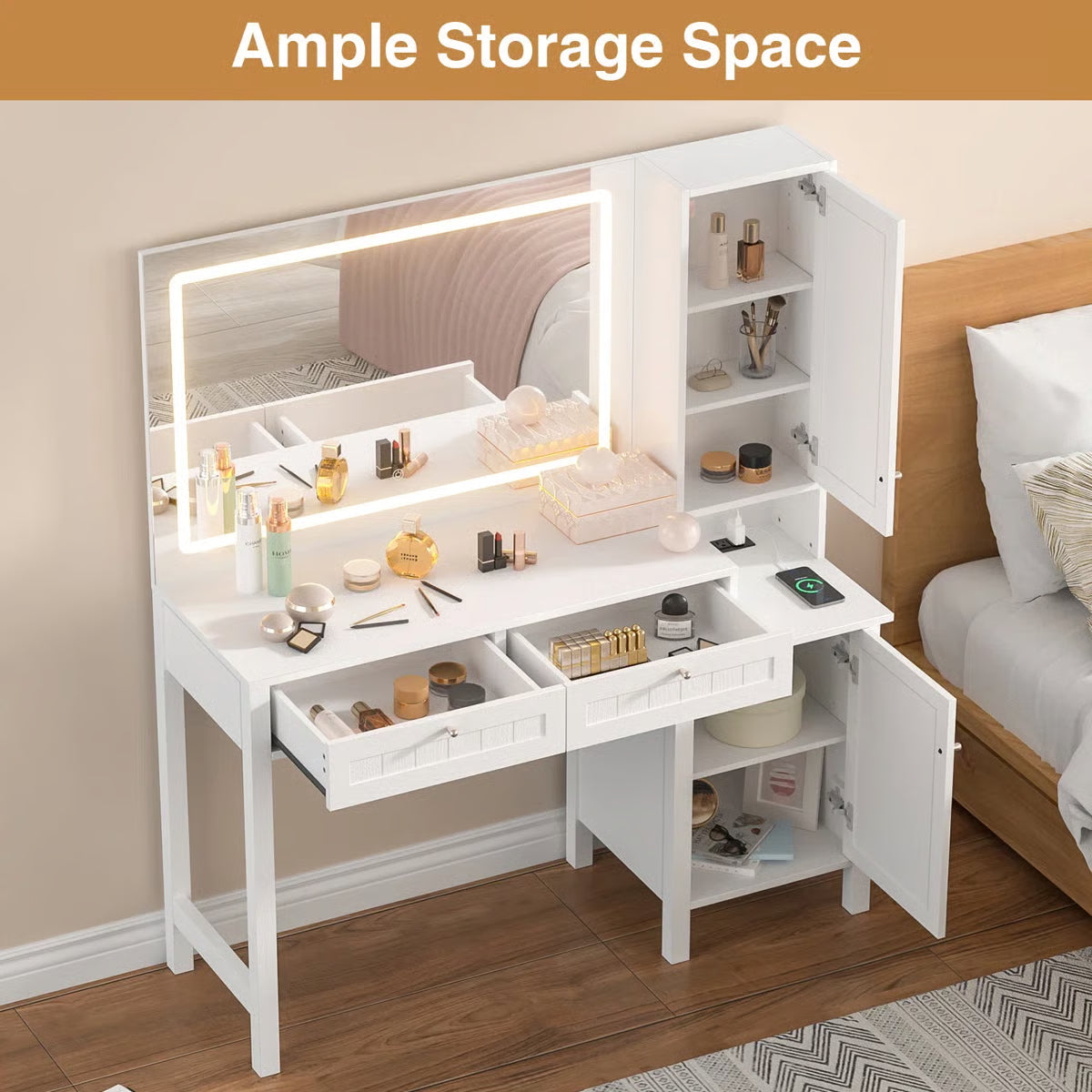 Makeup Vanity with LED Lights, Built-in Power Outlets & USB for Bedroom