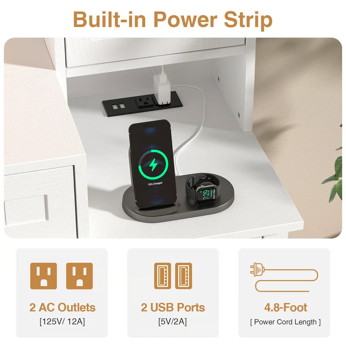 Makeup Vanity with LED Lights, Built-in Power Outlets & USB for Bedroom