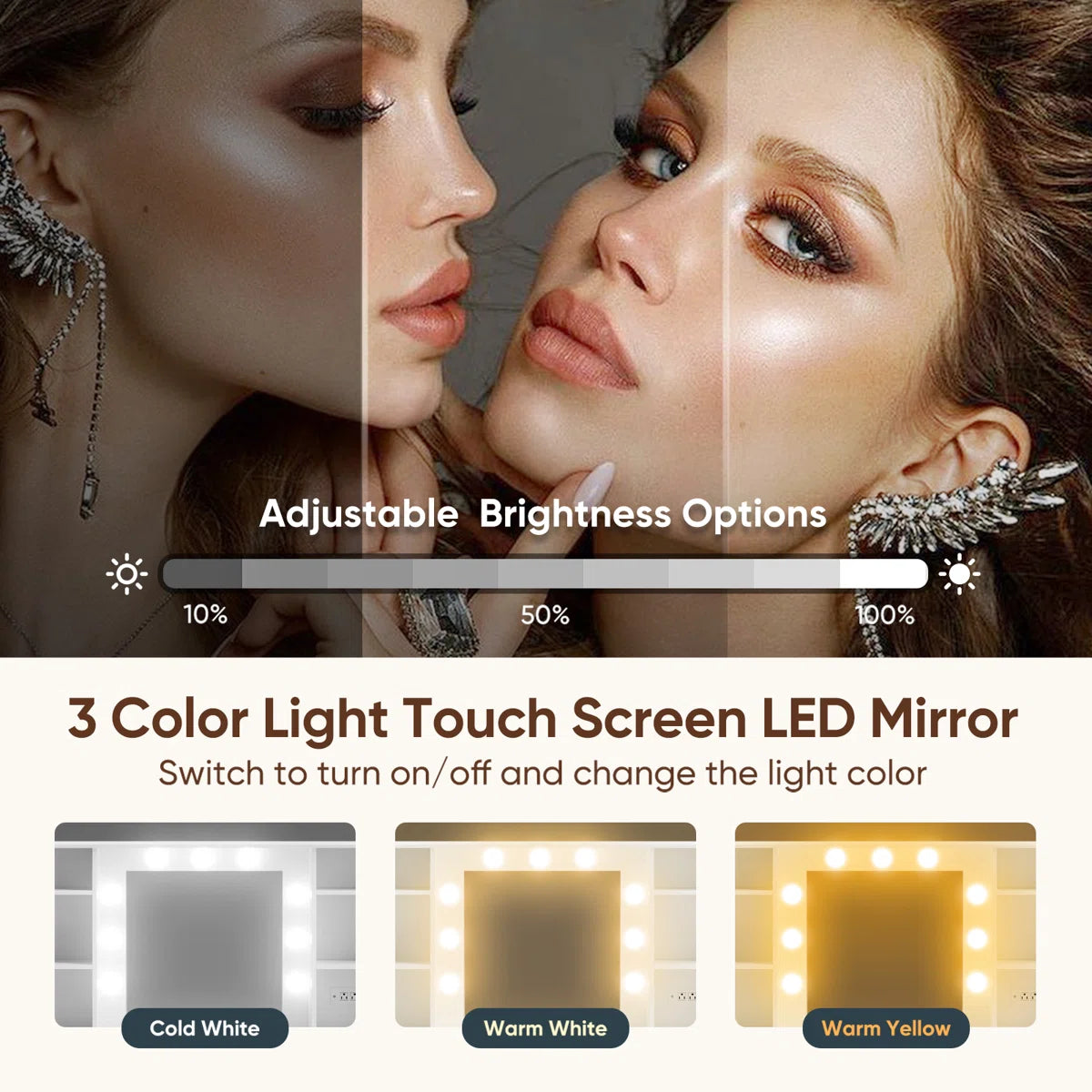 Modern Makeup Vanity Desk with Mirror, Adjustable LED Lights, 3 Drawers, 12 Shelves, and Built-In Power Outlet