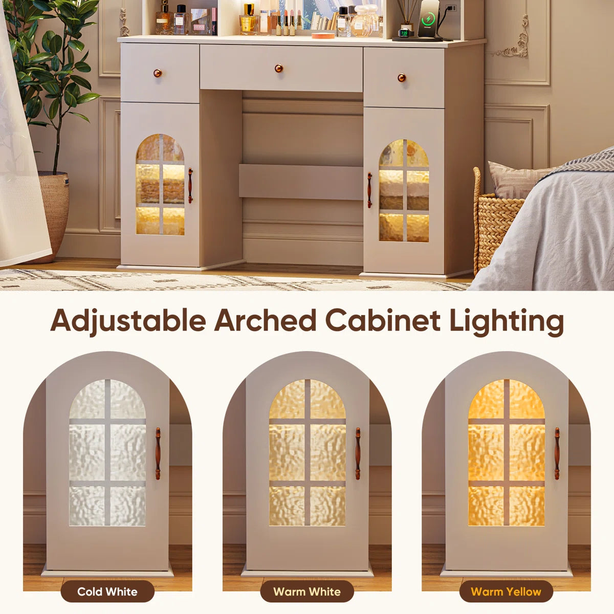 Modern Makeup Vanity Desk with Mirror, Adjustable LED Lights, 3 Drawers, 12 Shelves, and Built-In Power Outlet-OUCH CART | Dressing table 