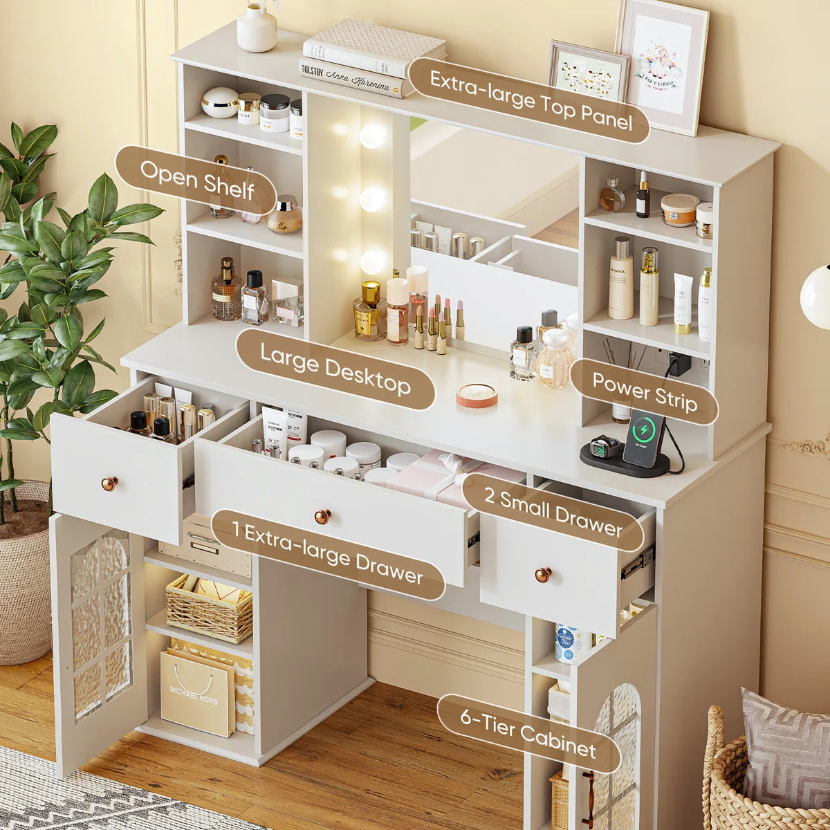 Modern Makeup Vanity Desk with Mirror, Adjustable LED Lights, 3 Drawers, 12 Shelves, and Built-In Power Outlet-OUCH CART | Dressing table 