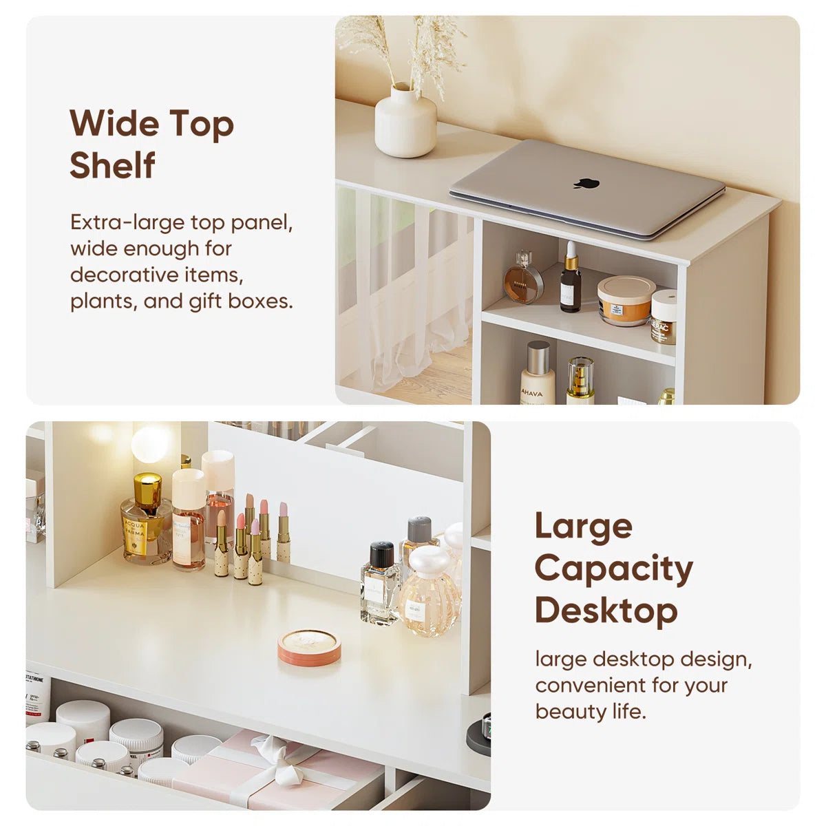 Modern Makeup Vanity Desk with Mirror, Adjustable LED Lights, 3 Drawers, 12 Shelves, and Built-In Power Outlet