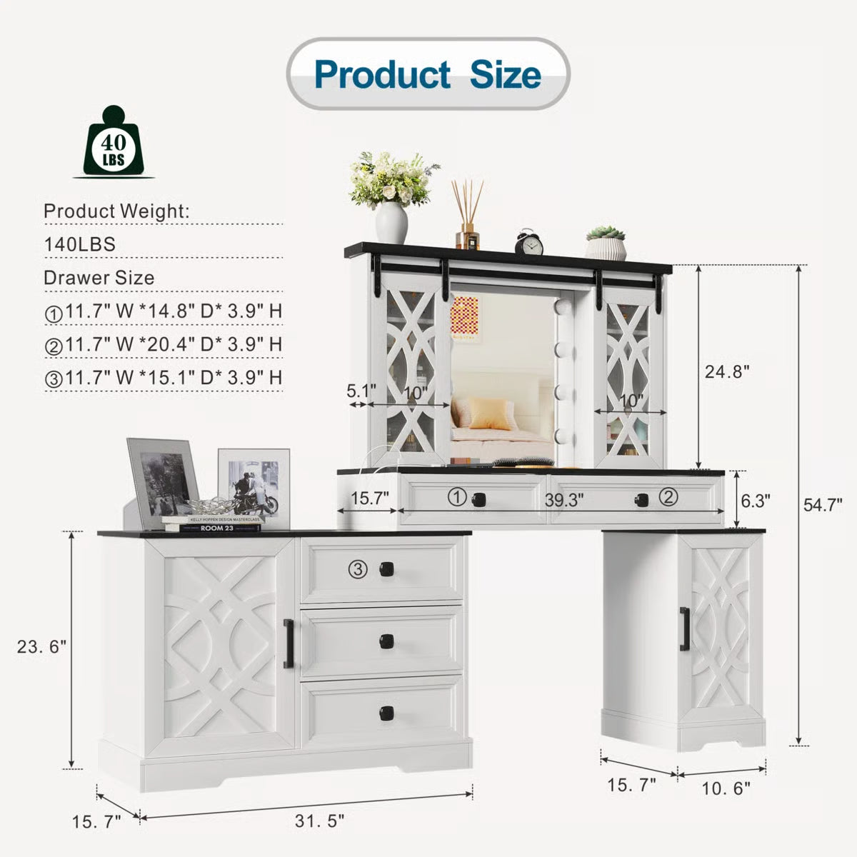 Modern Makeup Vanity Desk with Mirror and Cabinet Storage