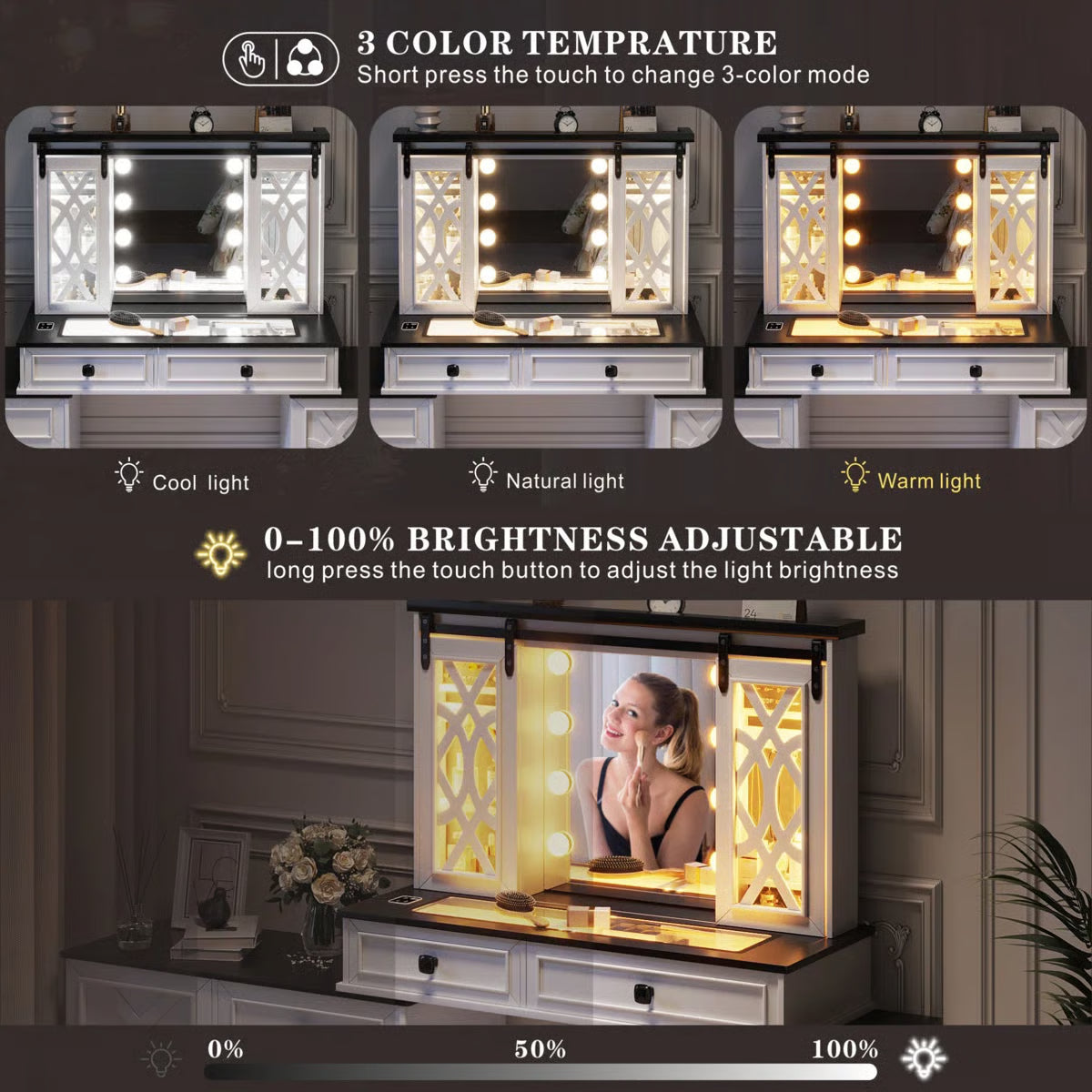 Modern Makeup Vanity Desk with Mirror and Cabinet Storage