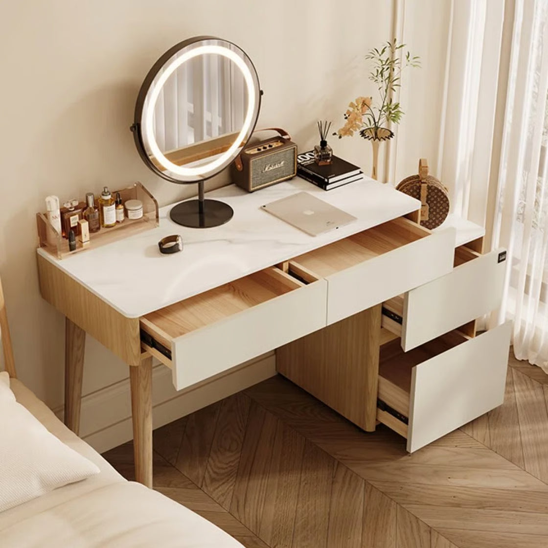 4-Drawer Makeup Vanity Table with LED Mirror & Power Charging Outlet
