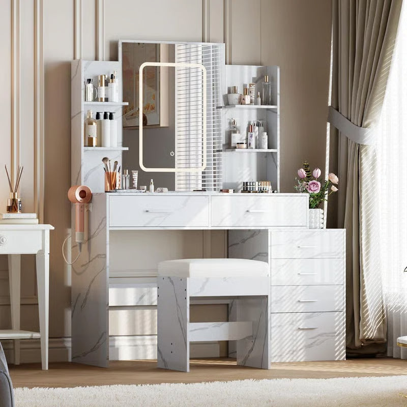Marble White LED Makeup Vanity – 6 Drawers, Shelves, 3-Color Adjustable Lighting & Charging Ports -OUCH CART | Dressing table