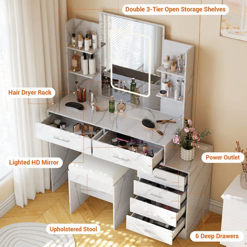 Marble White LED Makeup Vanity – 6 Drawers, Shelves, 3-Color Adjustable Lighting & Charging Ports