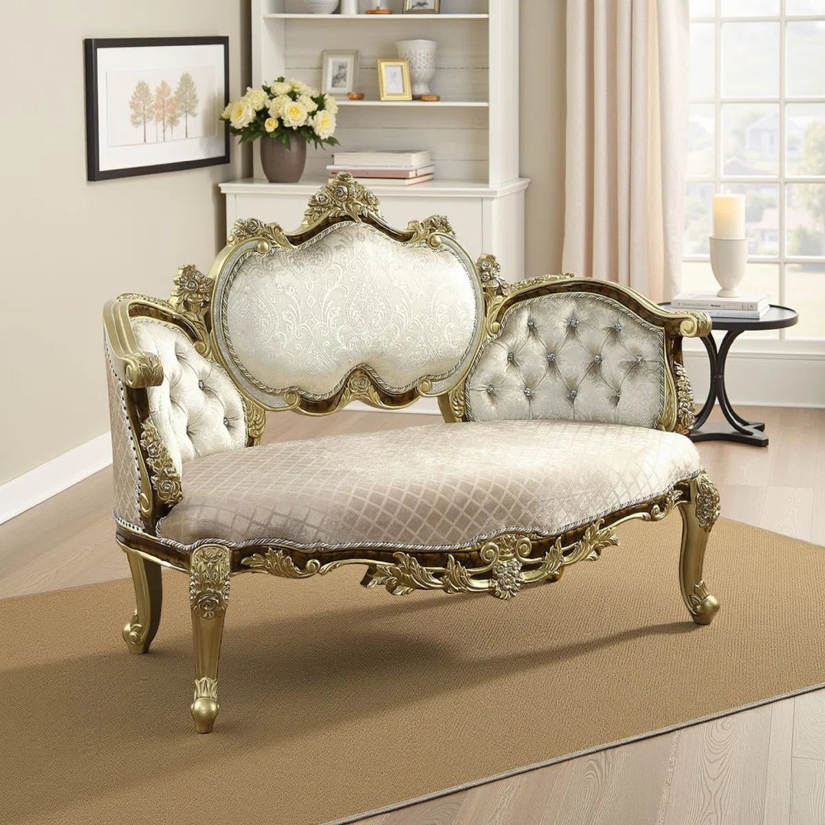 Mara Curved Bench Sofa, Wingback Crystal Tufted, Classic Gold Carvings- OUCHCART| Luxury sofa